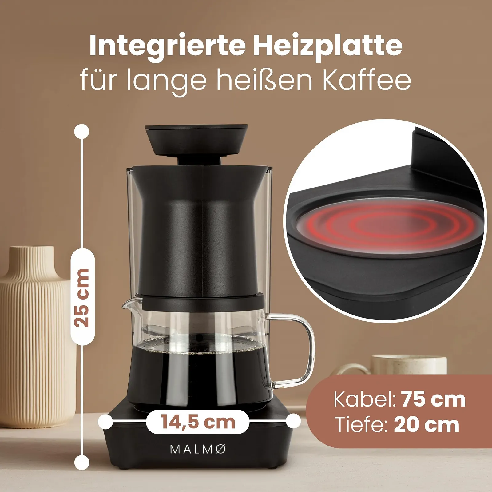 Кофеварка капельная MALMØ 400 мл 1-4 чашки с подогревом, фото №5