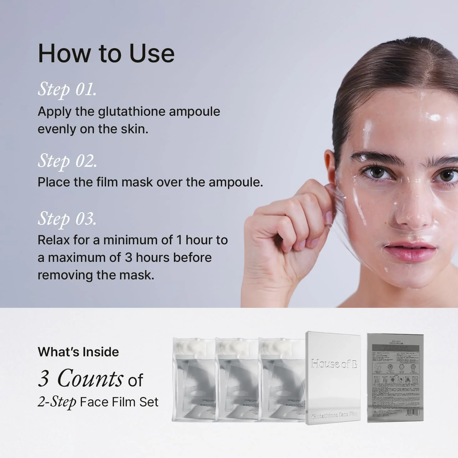 Набор пленок для лица 2-Step House of B Glow Glutathione для уменьшения морщин и улучшения тона кожи с 3 корейскими масками, фото №6