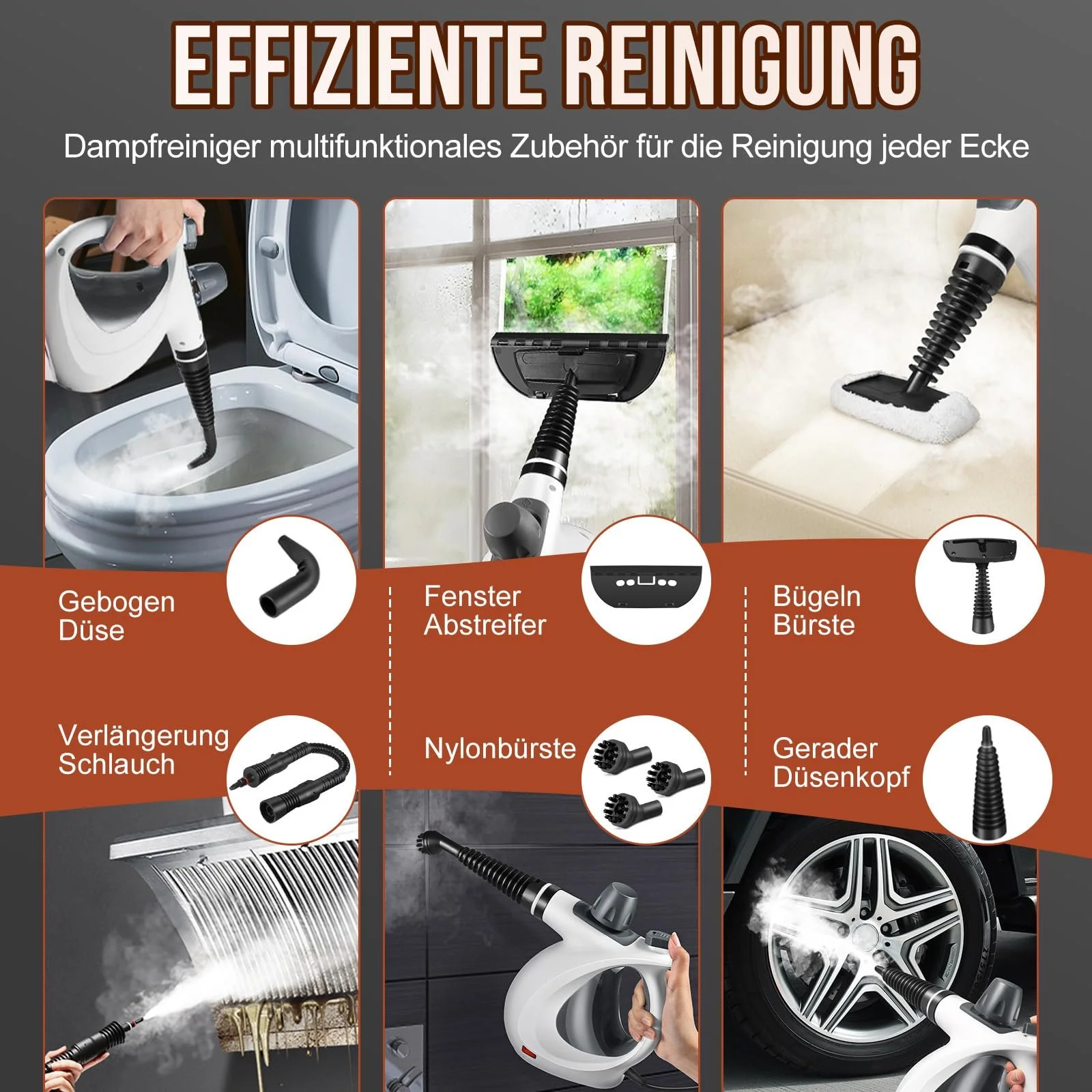 Пароочисник 1050W з 11 аксесуарами для домашнього текстилю, оббивки, килимів, плитки, іграшок та автомобільних сидінь, фото №6