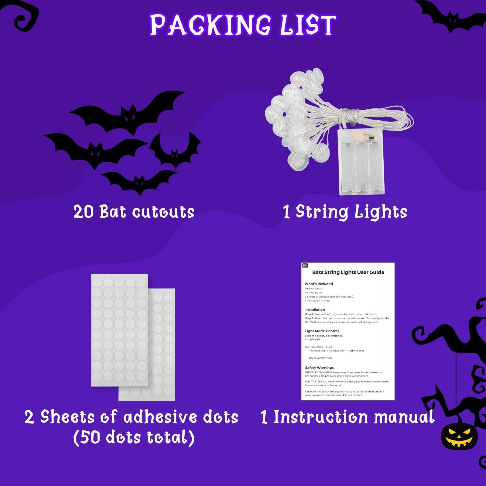 Набір для декору на Хелловін Гірлянда та 3D наклейки Кажани 20 LED 6 м Фіолетовий, фото №7 Набір для декору на Хелловін Гірлянда та 3D наклейки Кажани 20 LED 6 м Фіолетовий, фото №7