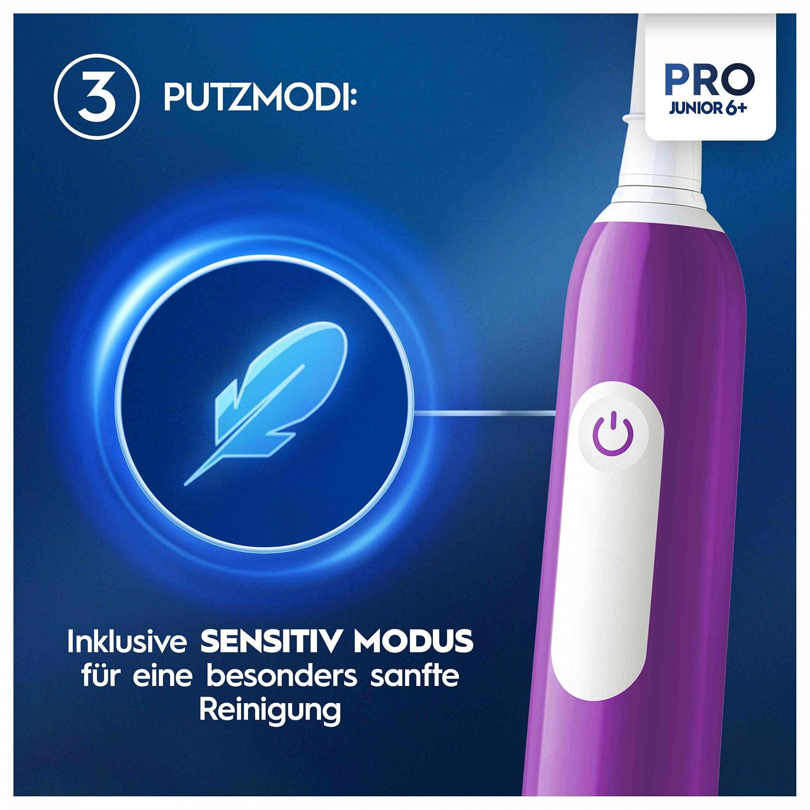 Зубна щітка електрична Oral-B Pro Junior для дітей від 6 років, з датчиком тиску, 3 режими чищення, включаючи делікатний, м'яка щетина та таймер, фіолетова, фото №5