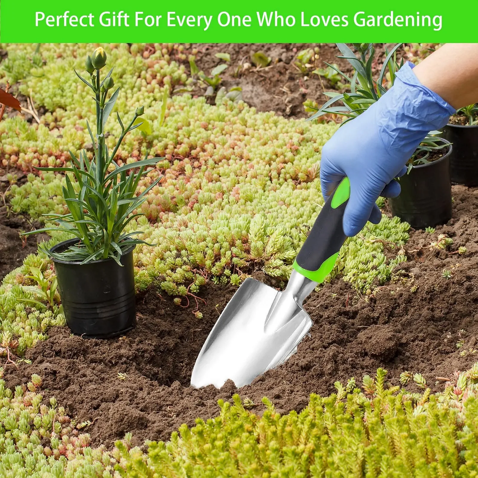 Лопата совковая садовий з нековзною ручкою для садівництва, широка лопата, загострена з м'якою прогумованою нековзною ергономічною ручкою для прополки, пересадки, посадки в горщики, копання в саду, садовий подарунок, фото №5