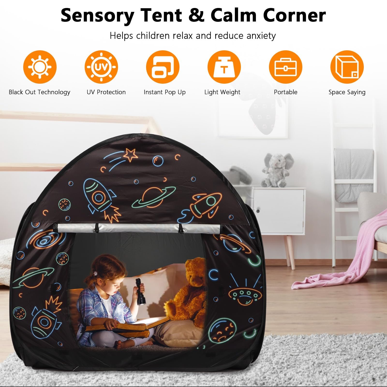 Тент Ysityum Сенсорный для детей с аутизмом, очень большой 47 x 47 дюймов, игровой, всплывающий, с окном и дверцей, черный, фото №2