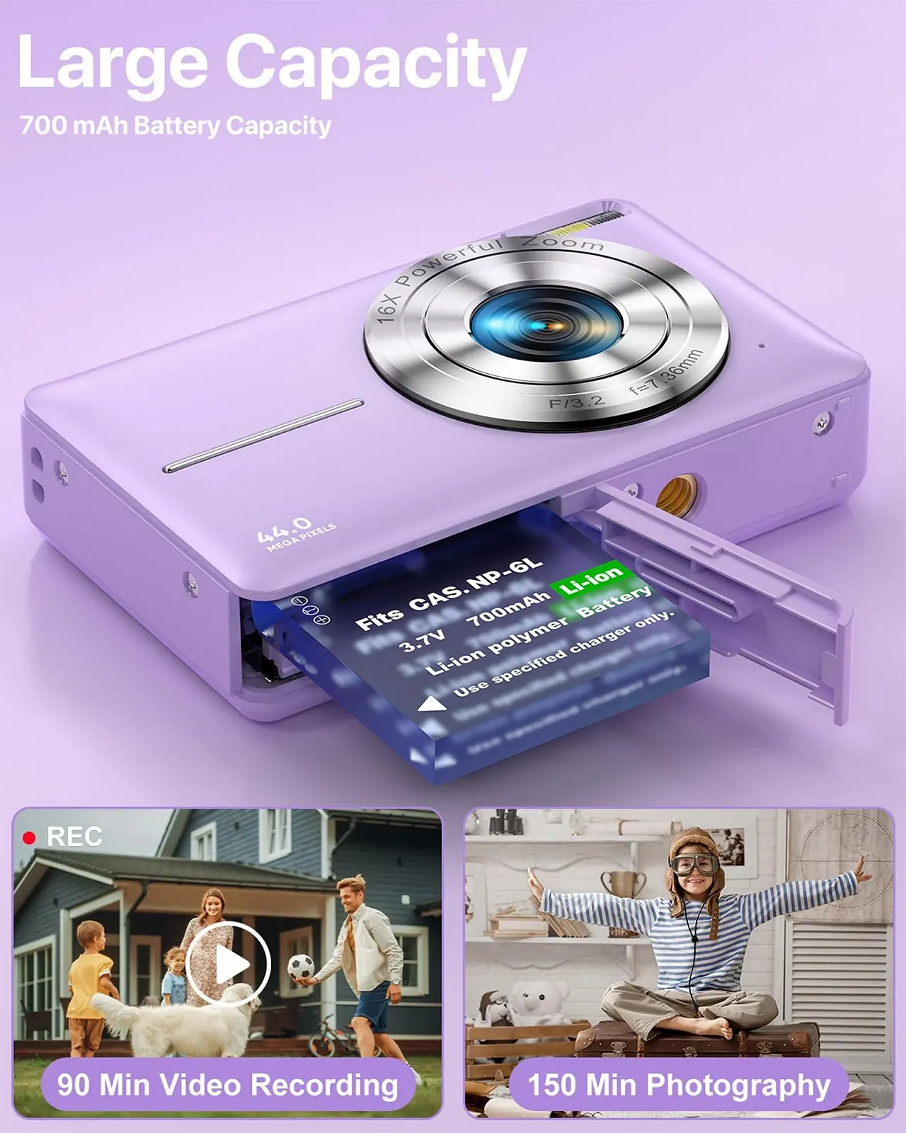 Цифрова камера 1080P 44 MP 2.4 дюйми LCD 16x Zoom 32 GB Фіолетовий, фото №5