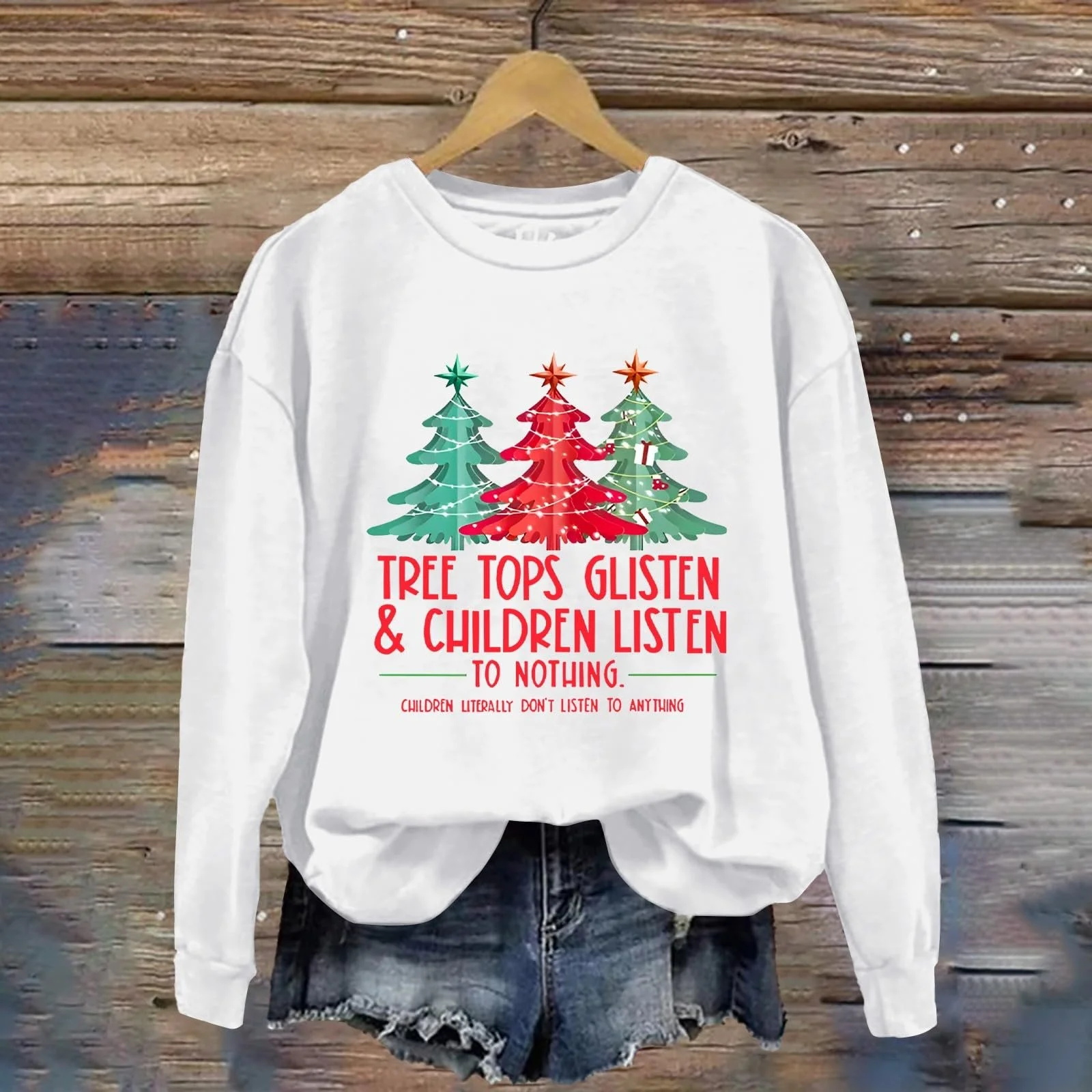 Женский свитшот с принтом Однотонный Рождественский свитшот для женщин Ёлочные вершины блестящие, фото №7