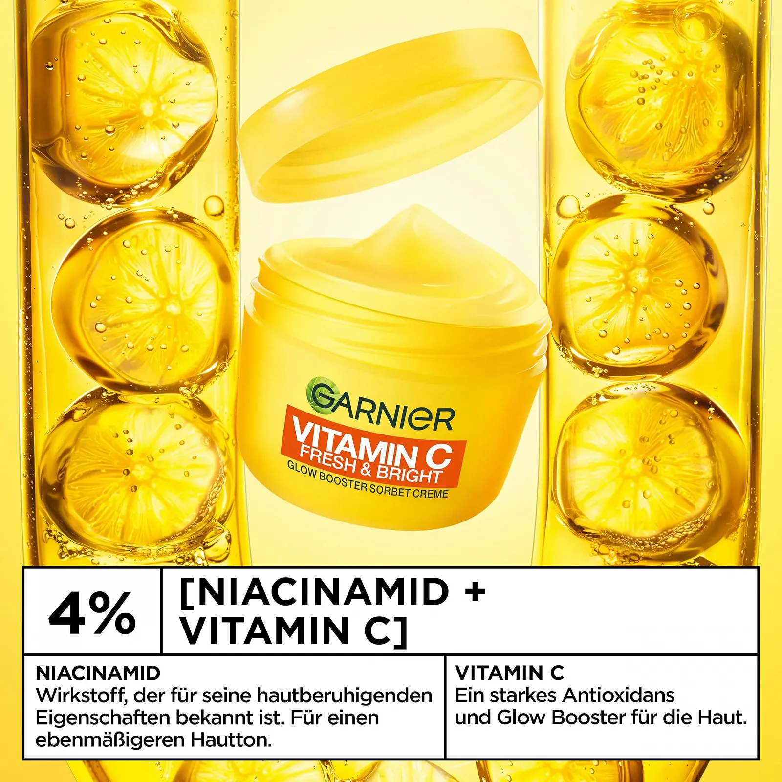 Крем-сорбет для обличчя Garnier Vitamin C Fresh & Bright Glow Booster з 4% ніацинамідом та вітаміном C 50 мл, фото №4 Крем-сорбет для обличчя Garnier Vitamin C Fresh & Bright Glow Booster з 4% ніацинамідом та вітаміном C 50 мл, фото №4