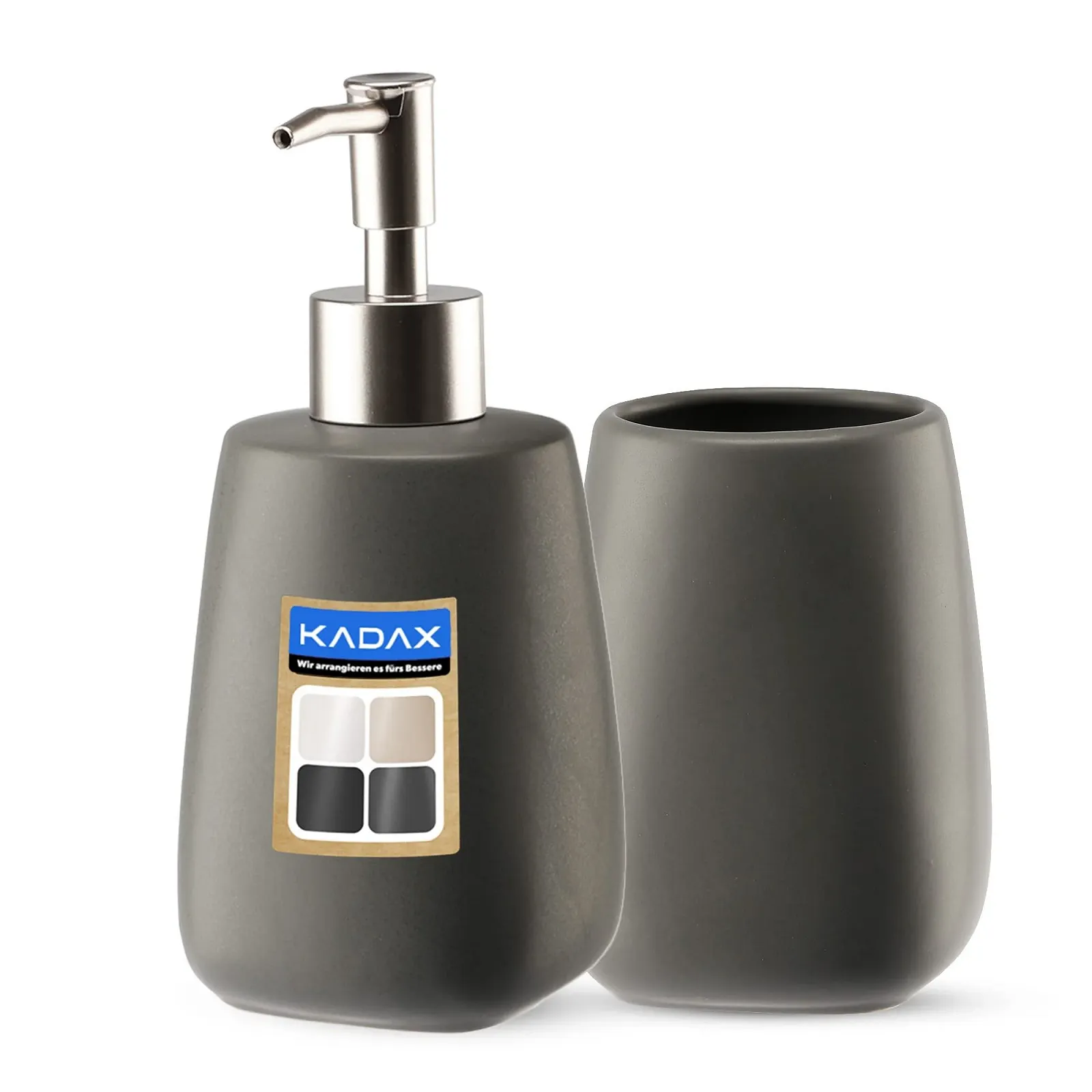 Набір для ванної кімнати KADAX, 2 предмети, кераміка, Стакан і Диспенсер, Антрацит, фото №1 Набір для ванної кімнати KADAX, 2 предмети, кераміка, Стакан і Диспенсер, Антрацит, фото №1