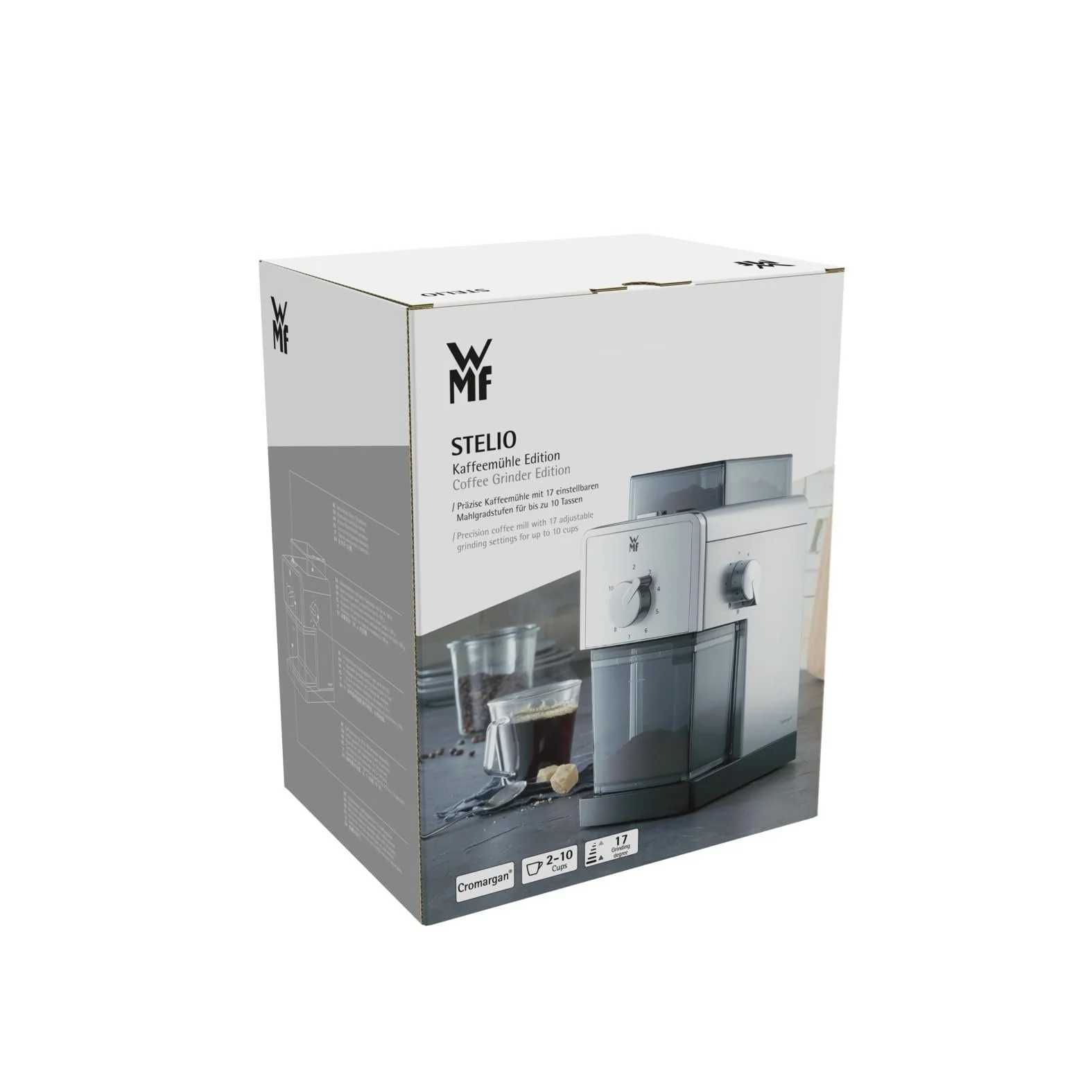 Электрическая кофемолка WMF Stelio Edition, стальные диски, 17 уровней помола, 2-10 чашек, для фильтр-кофе или френч-пресса, 110 Вт, фото №9 Электрическая кофемолка WMF Stelio Edition, стальные диски, 17 уровней помола, 2-10 чашек, для фильтр-кофе или френч-пресса, 110 Вт, фото №9