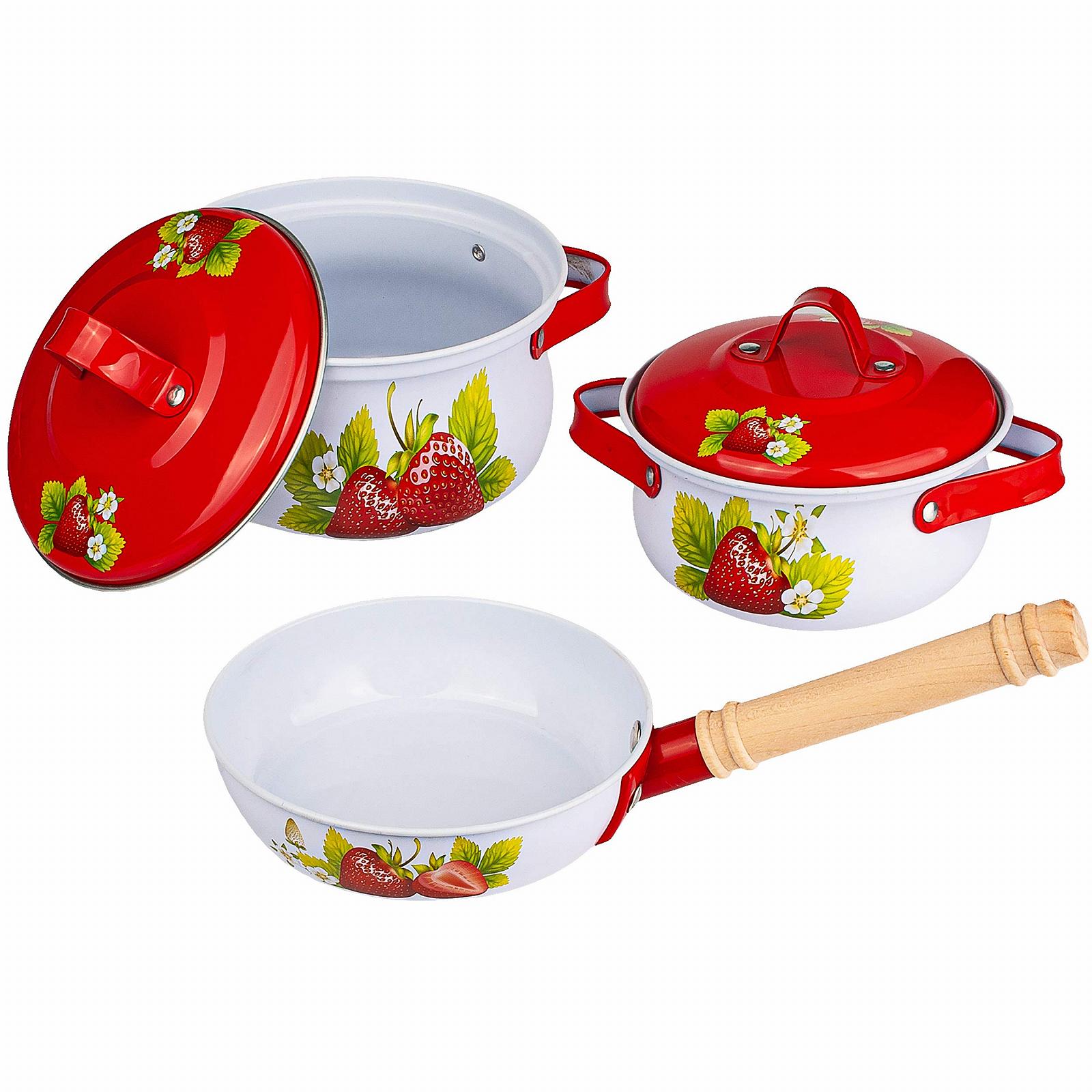 Набор alles-meine.de GmbH Набор посуды 11 предметов Кукольный кухонный набор Кастрюли Клубника Металл/Эмаль, фото №5