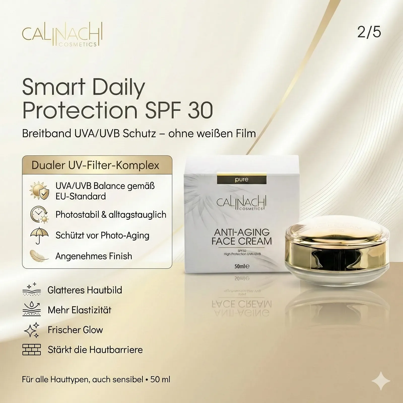 Омолоджувальний денний крем CALINACHI SPF 30 з пептидом Matrixyl Synthe'6, Q10, вітаміном C та гіалуроновою кислотою 50 мл, фото №3