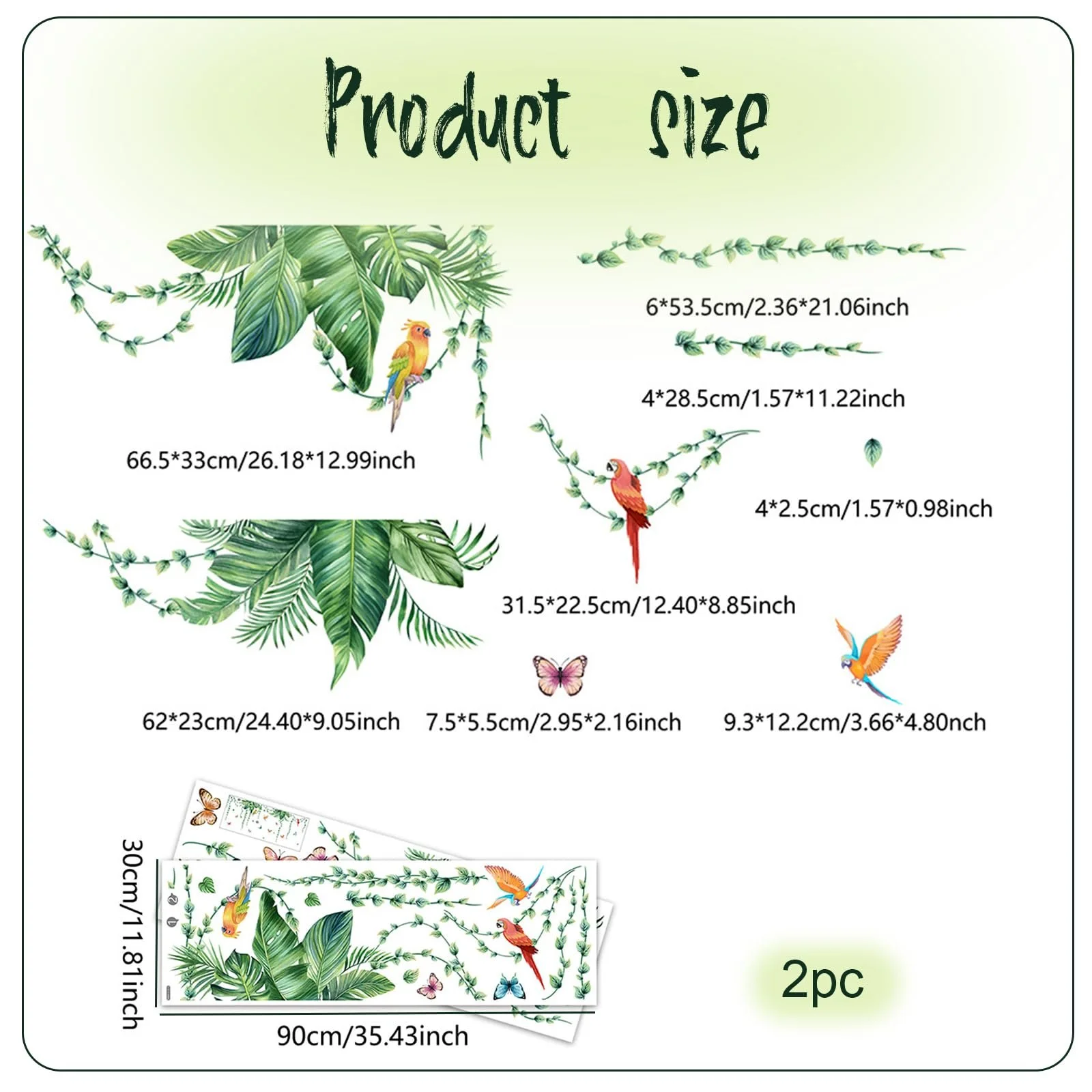 Наклейка на стіну Рослини Тропічне листя та птахи вінілова Зелена, фото №2