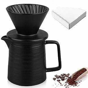 Набор для приготовления кофе Pour Over, керамический фильтр 450 мл с чашкой и 100 бумажными фильтрами, керамическая кофейная капельница, ручная кофеварка для дома, офиса, улицы, кемпинга, Черный - Фото 1
