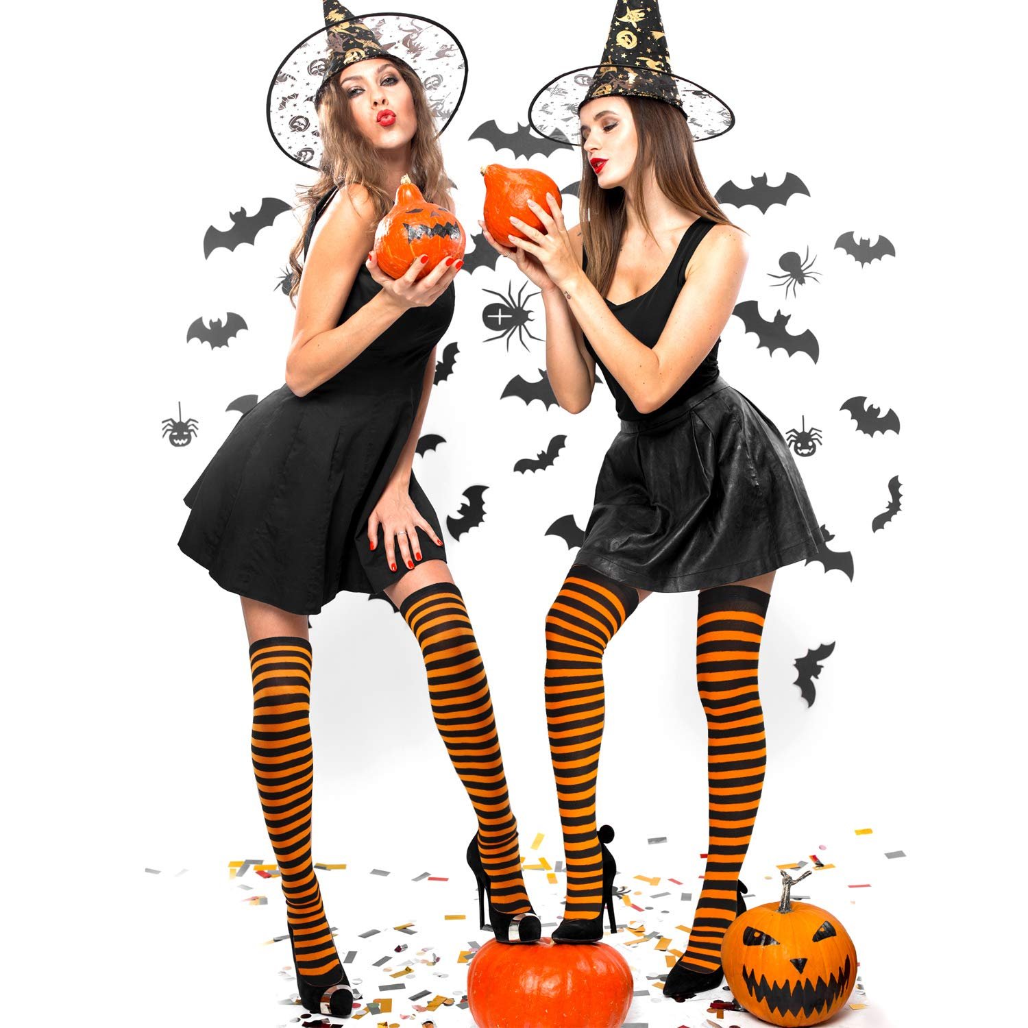 Гольфы SATINIOR Halloween для женщин, оранжево-черные, выше колена, разноцветные, One Size, разноцветные, фото №2