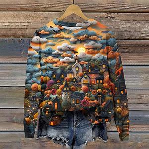 Хэллоуин Свободный Длинный Свитшот Пуловер Женский Хэллоуин Свитшот Плюс Размер Круглый Вырез Скелет Пуловер Длинный Рукав Свитшоты Футболки Топы Милая Рубашка с Длинным Рукавом synthetic.ua - Фото 1