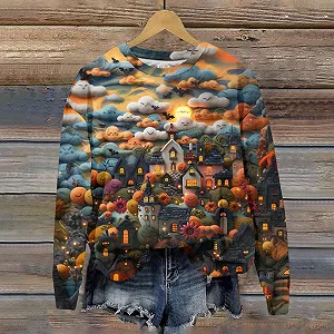 Хэллоуин Свободный Длинный Свитшот Пуловер Женский Хэллоуин Свитшот Плюс Размер Круглый Вырез Скелет Пуловер Длинный Рукав Свитшоты Футболки Топы Милая Рубашка с Длинным Рукавом synthetic.ua - Фото 1