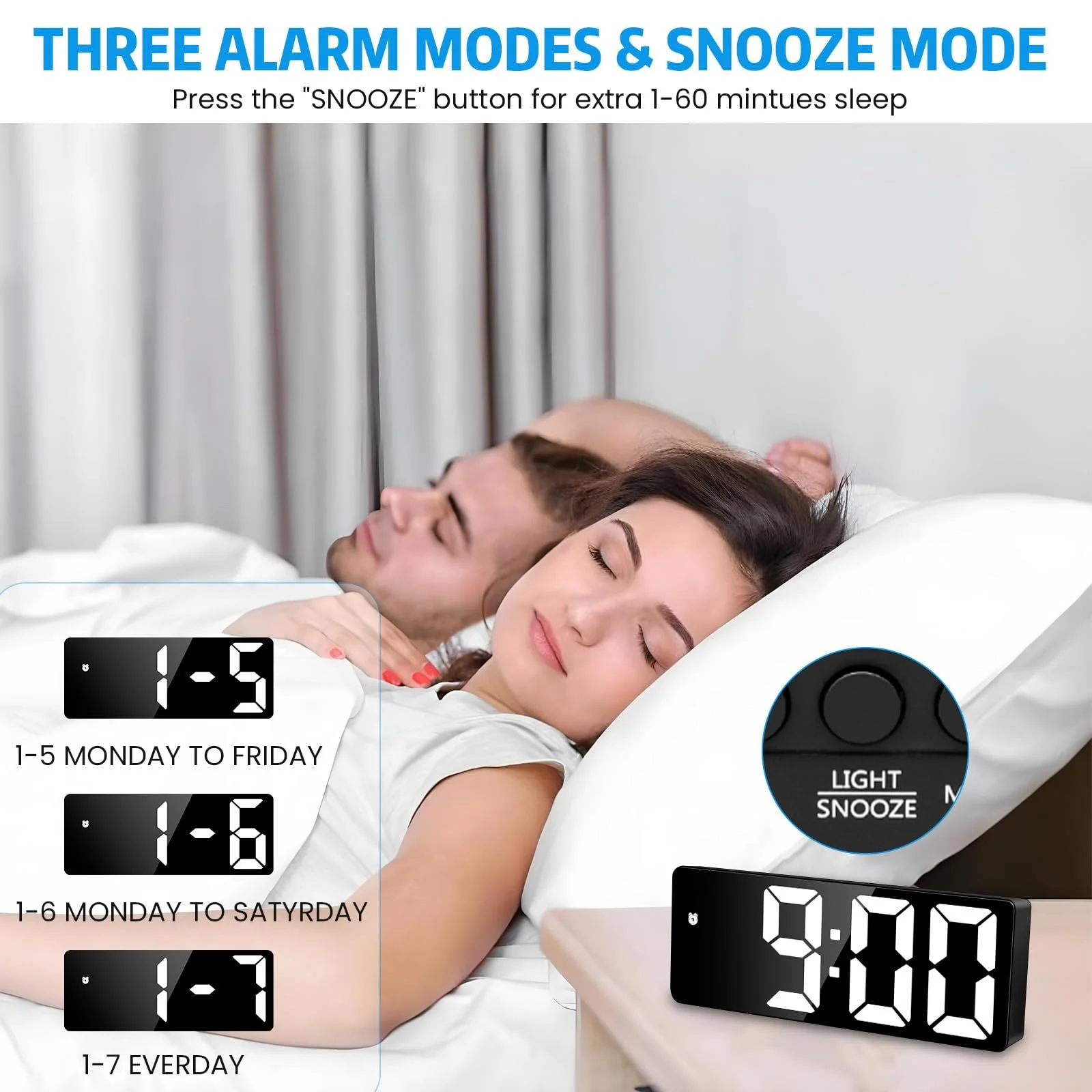 Цифровий годинник Sarsumir, LED, з датою, температурою, функцією повтору, регулюванням яскравості, фото №5