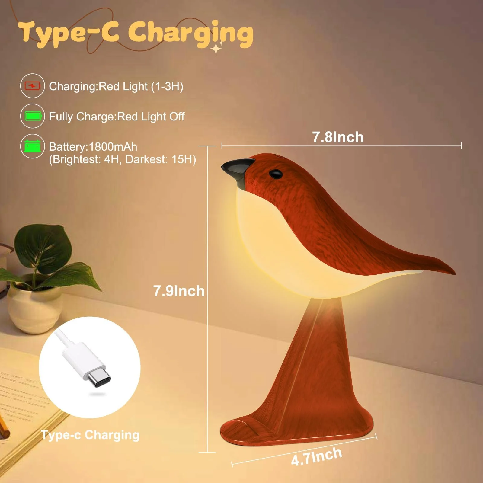 Настільна лампа LAVAED Stand Bird сенсорна акумуляторна USB червона, фото №6