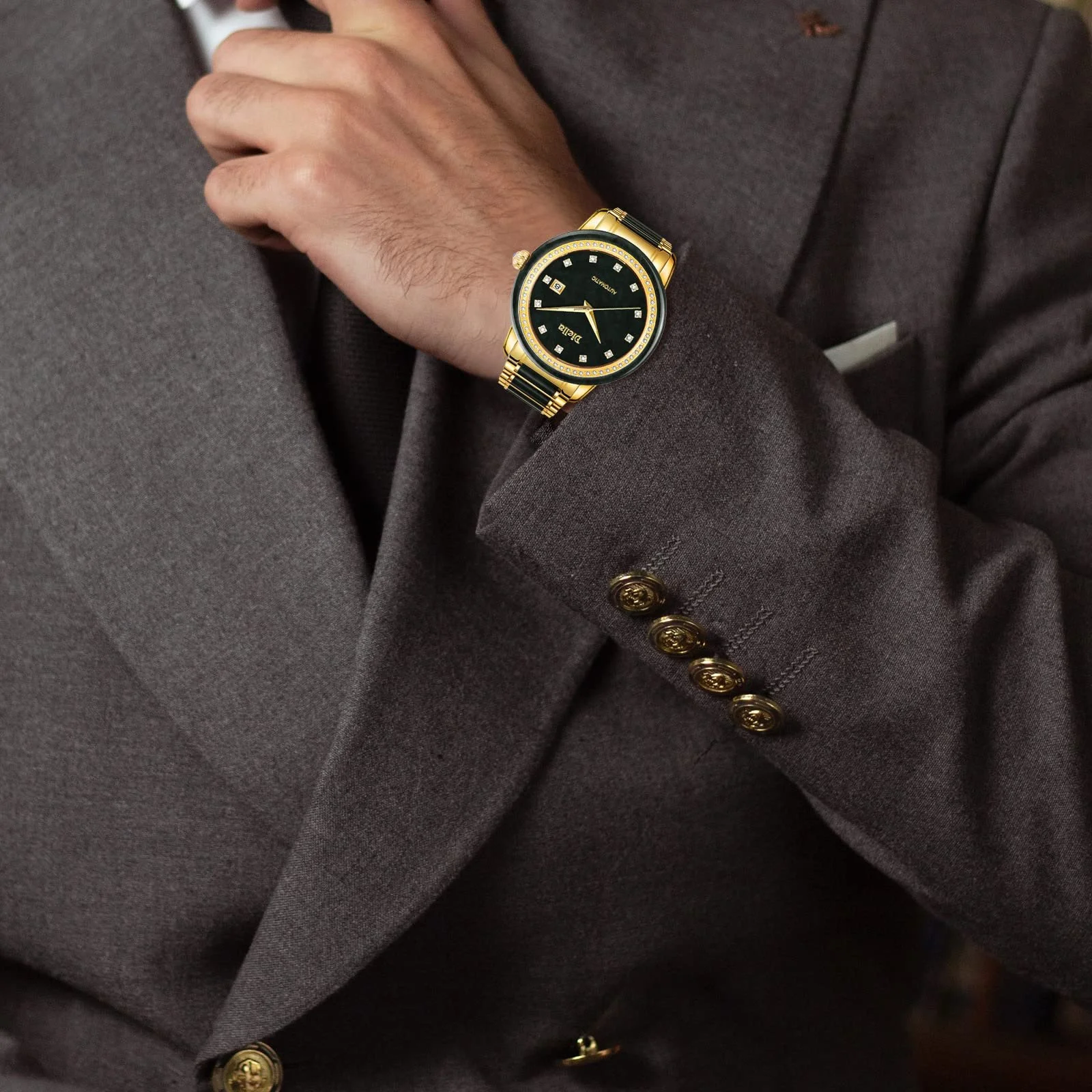 Автоматические мужские часы Diella, роскошные черные нефритовые и золотые, механические часы с люминесцентной, самозаводящиеся, водонепроницаемые, фото №6 Автоматические мужские часы Diella, роскошные черные нефритовые и золотые, механические часы с люминесцентной, самозаводящиеся, водонепроницаемые, фото №6