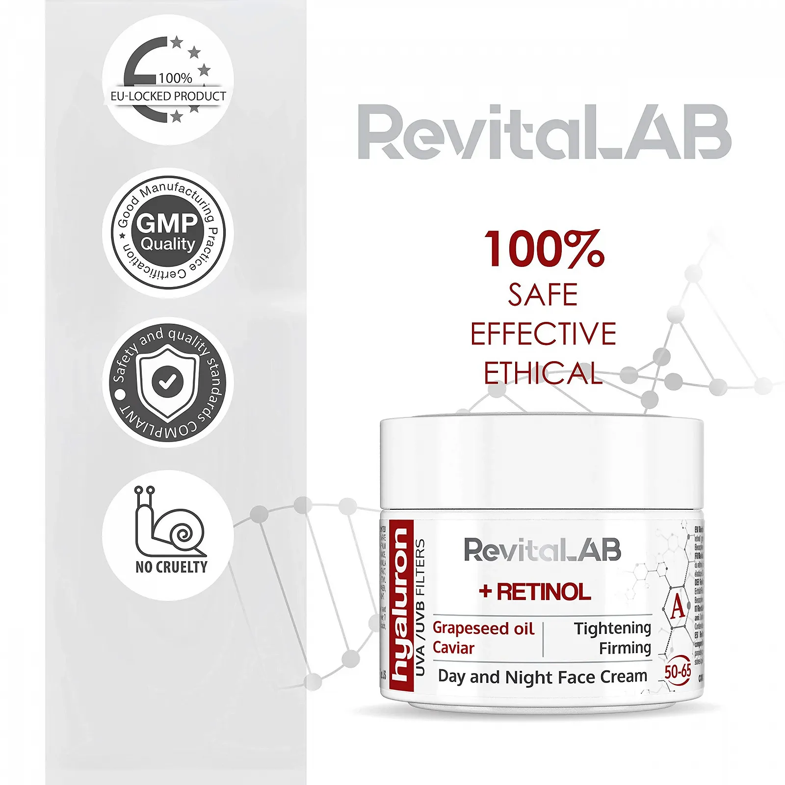 Денний та нічний крем RevitaLAB Hyaluron Anti-Ageing з Retinol, ікрою та червоним виноградом для віку 50–65 років 50 мл (2 шт. в упаковці), фото №5 Денний та нічний крем RevitaLAB Hyaluron Anti-Ageing з Retinol, ікрою та червоним виноградом для віку 50–65 років 50 мл (2 шт. в упаковці), фото №5
