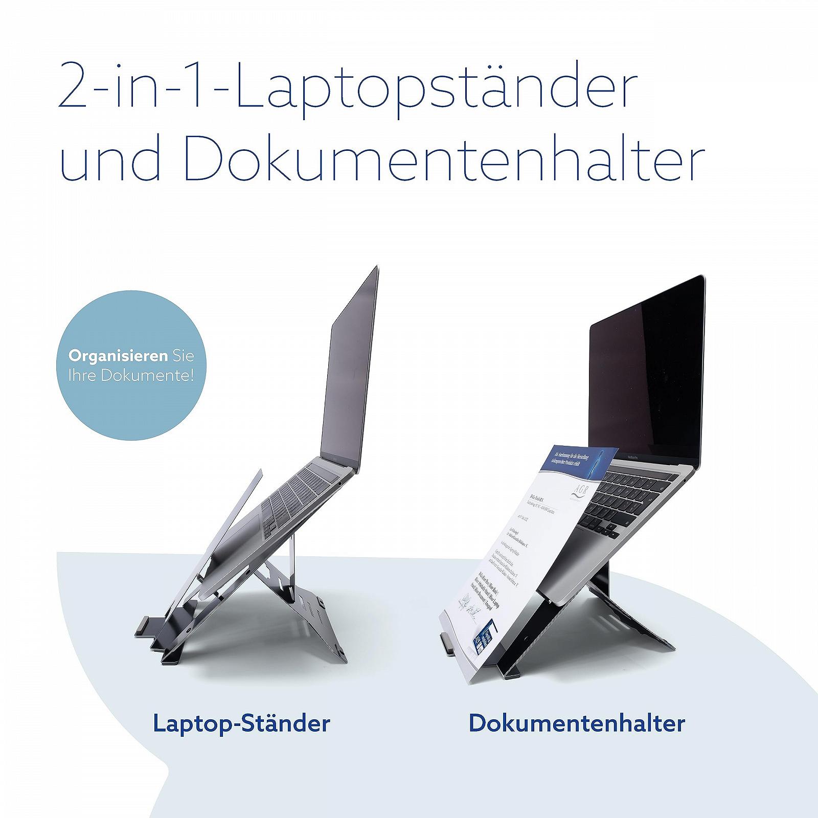 Підставка для ноутбука з тримачем для документів R-GO Riser, регульована, для офісу або дому, ультратонка алюмінієва, сумісна з ноутбуками (10-22 дюйми), чорна, фото №5