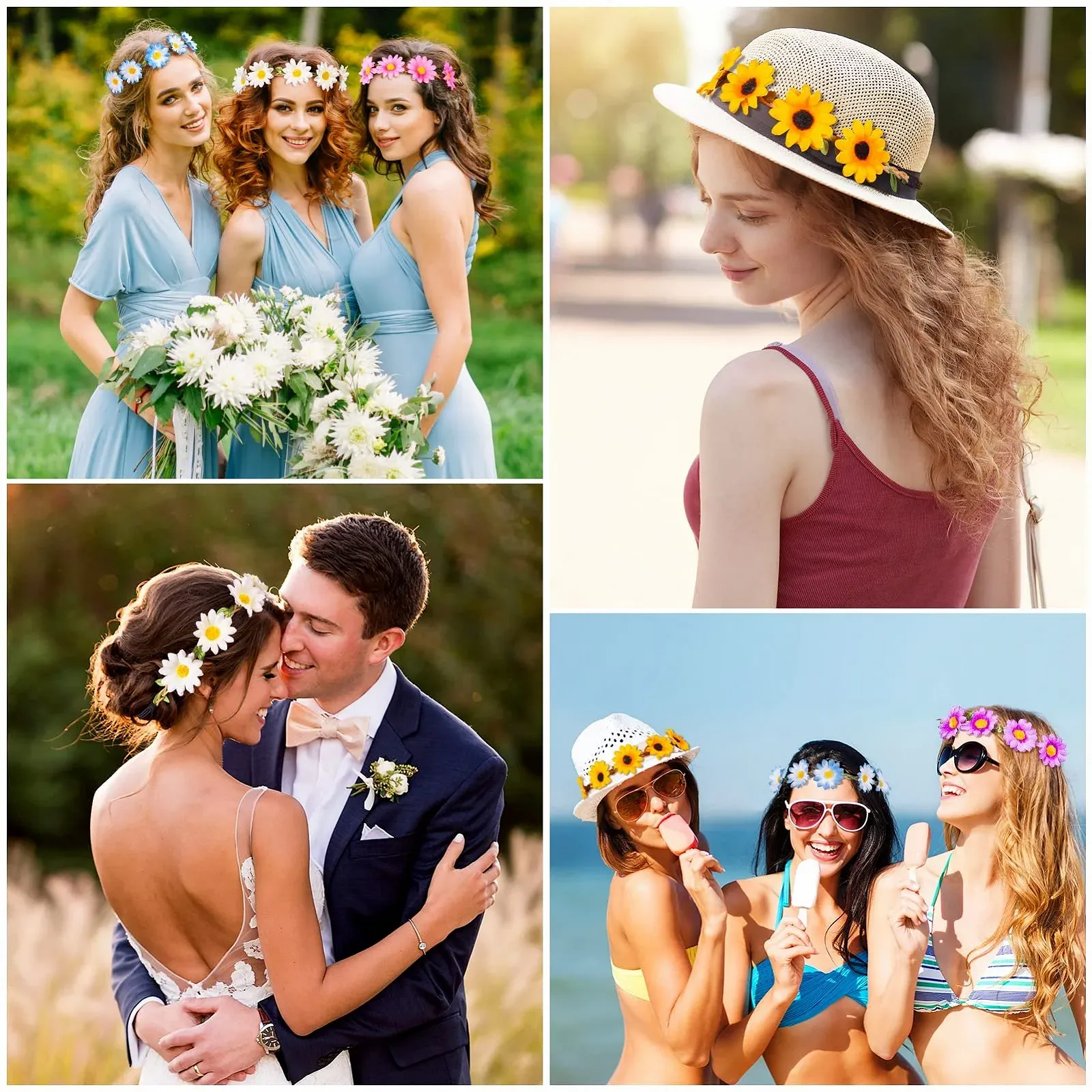 Вінок для волосся з ромашками, набір 5 штук, різнокольоровий, фото №6