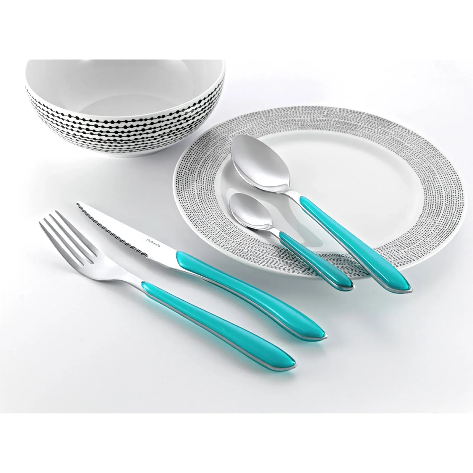 Набор столовых приборов Amefa Eclat 2214TUMBA1B60, 16 предметов, на 4 персоны, нержавеющая сталь ABS 18 0, би-инъекция, акрилонитрил-бутадиен-стирол SAN, бирюзовый, фото №4