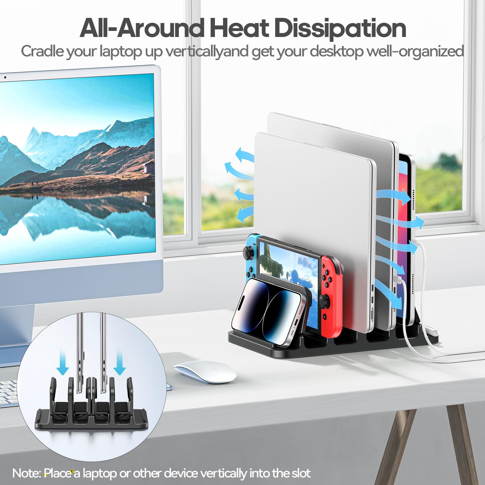 Подставка для ноутбука вертикальная KDD с 4 слотами и гравитационным замком, 6 в 1, для MacBook/Surface/Samsung/HP/Dell/Book/Tablet/Switch и телефона, фото №3