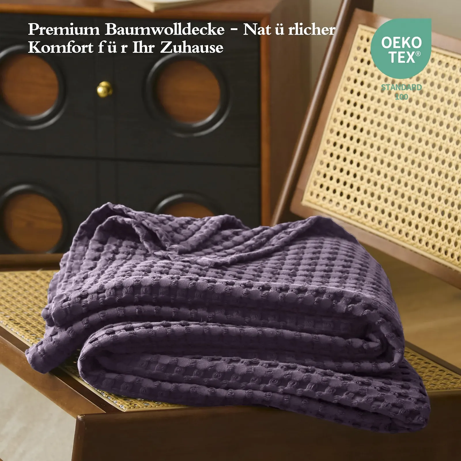 Покривало CHUFFED 100% Бавовна 150 x 200 см Вафельна Піке М'яка Дихаюча Легка Фіолетовий Виноград, фото №3