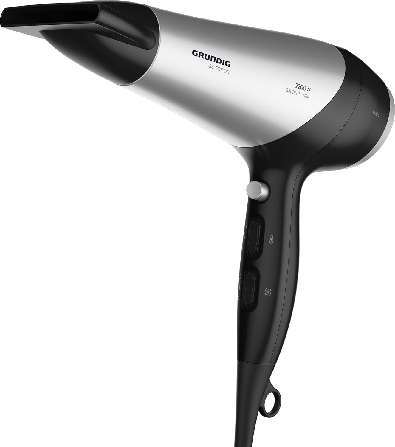 Фен GRUNDIG HD 6080 L, 2200 Вт, с ионизацией, 3 уровня температуры и 2 уровня воздушного потока, холодный обдув, керамическое покрытие, кабель 1,8 м, черный/серебристый, фото №2