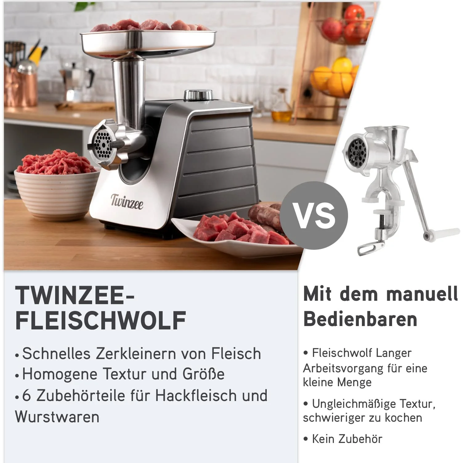 Мясорубка электрическая Twinzee 1500 Вт с 3 дисками и 3 насадками для колбас, фото №6 Мясорубка электрическая Twinzee 1500 Вт с 3 дисками и 3 насадками для колбас, фото №6