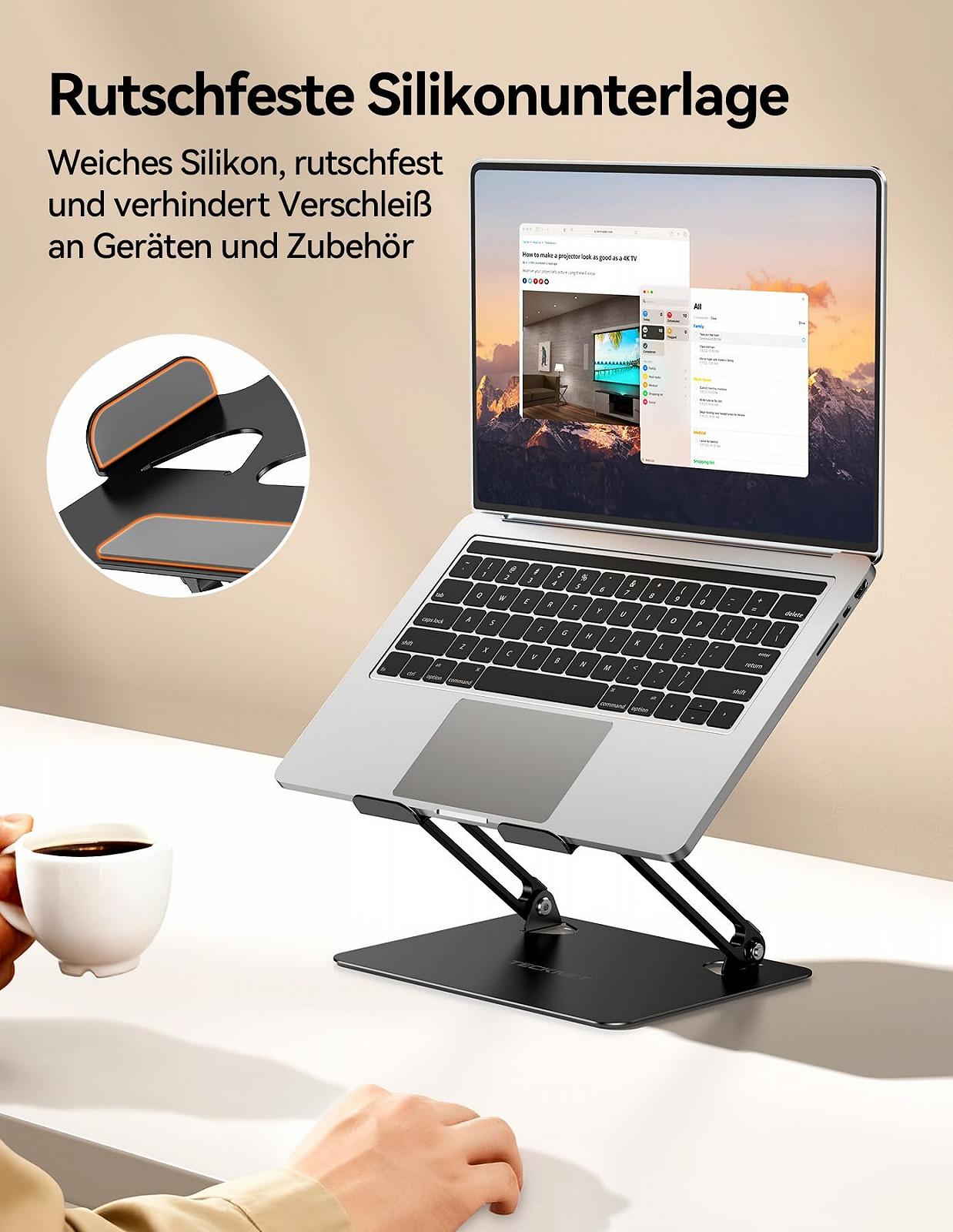 Підставка для ноутбука TECKNET Регульована по висоті Складна Ергономічна з алюмінієвого сплаву та металу Сумісна з ноутбуками 10-17,3 дюймів Чорна, фото №5