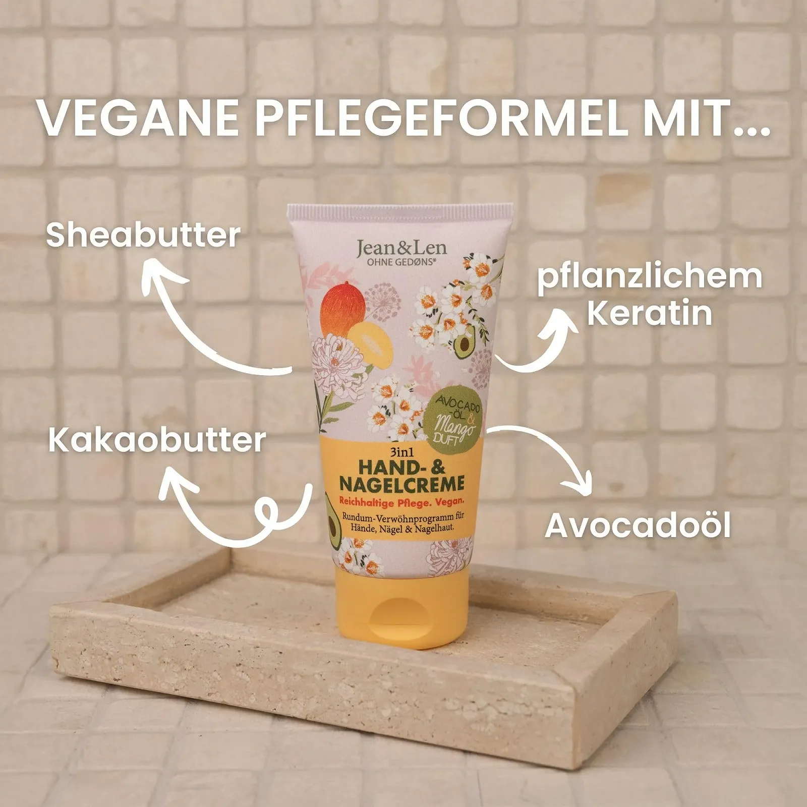 Крем для рук та нігтів Jean & Len Mango & Avocado з олією ши та какао, 75 мл, фото №2 Крем для рук та нігтів Jean & Len Mango & Avocado з олією ши та какао, 75 мл, фото №2