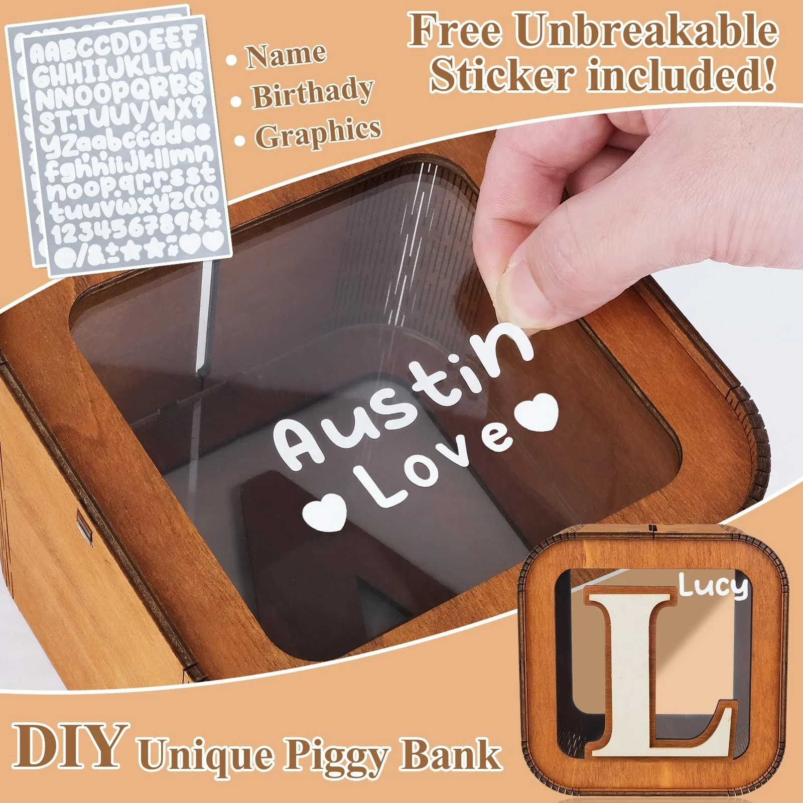 Скарбничка дитяча персоналізована Алфавіт A-Z дерев'яна креативна велика (L), фото №3