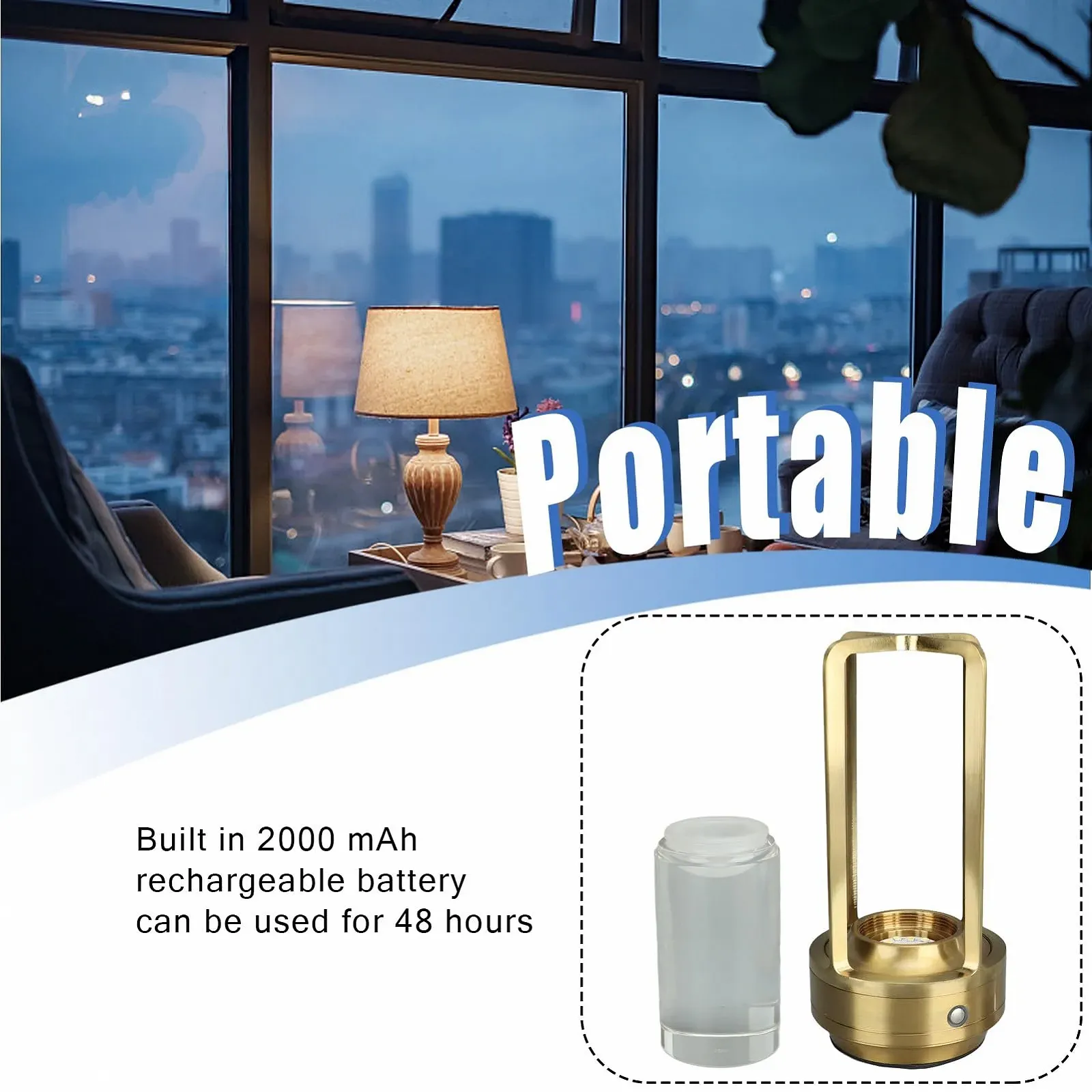 Настільна лампа металева бездротова 3 кольори димована LED акумуляторна сенсорна Золота, фото №4