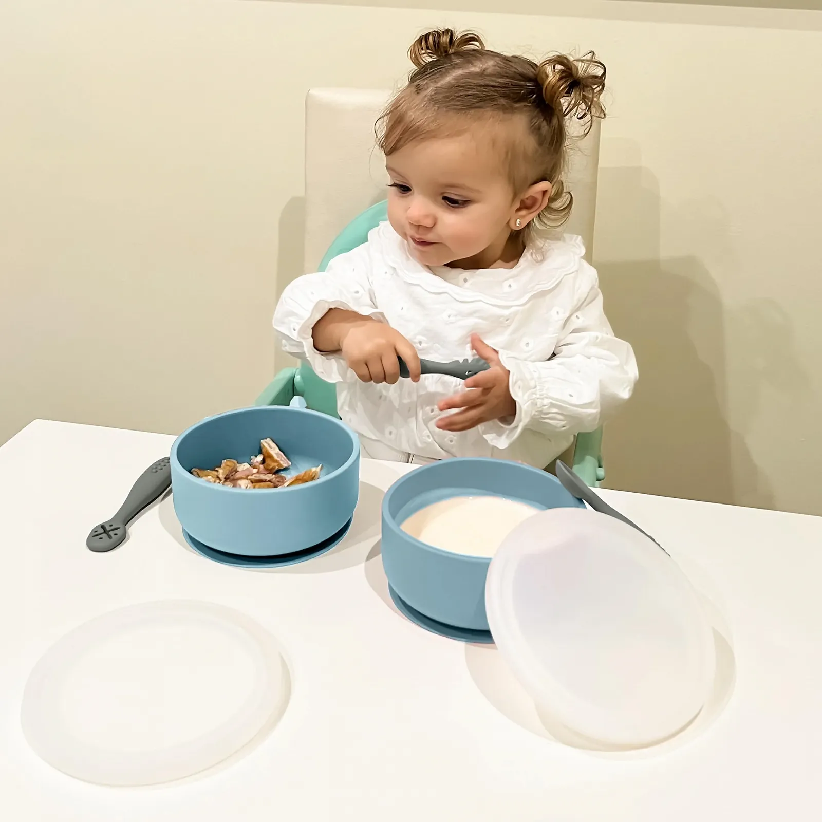 Набір дитячого посуду Navik Baby, силіконова дитяча миска з кришкою та присоскою, дитяча ложка, від 6 місяців, синьо-зелений, фото №2 Набір дитячого посуду Navik Baby, силіконова дитяча миска з кришкою та присоскою, дитяча ложка, від 6 місяців, синьо-зелений, фото №2