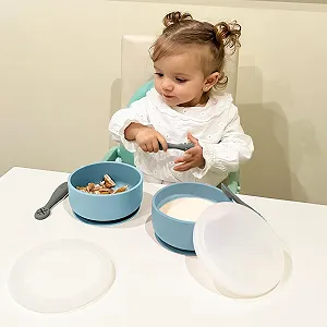 Набір дитячого посуду Navik Baby, силіконова дитяча миска з кришкою та присоскою, дитяча ложка, від 6 місяців, синьо-зелений synthetic.ua - Фото 1