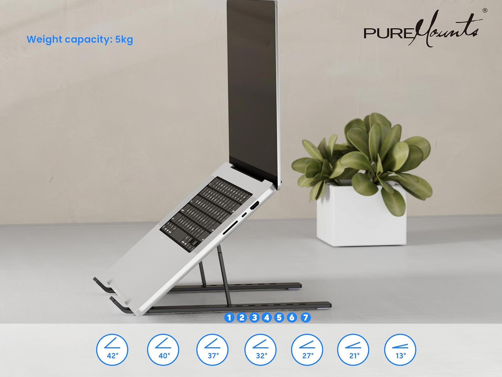 Підставка для ноутбука PureMounts, регульована по висоті, складна та ергономічна, 7 регульованих кутів огляду, алюмінієва, фото №2