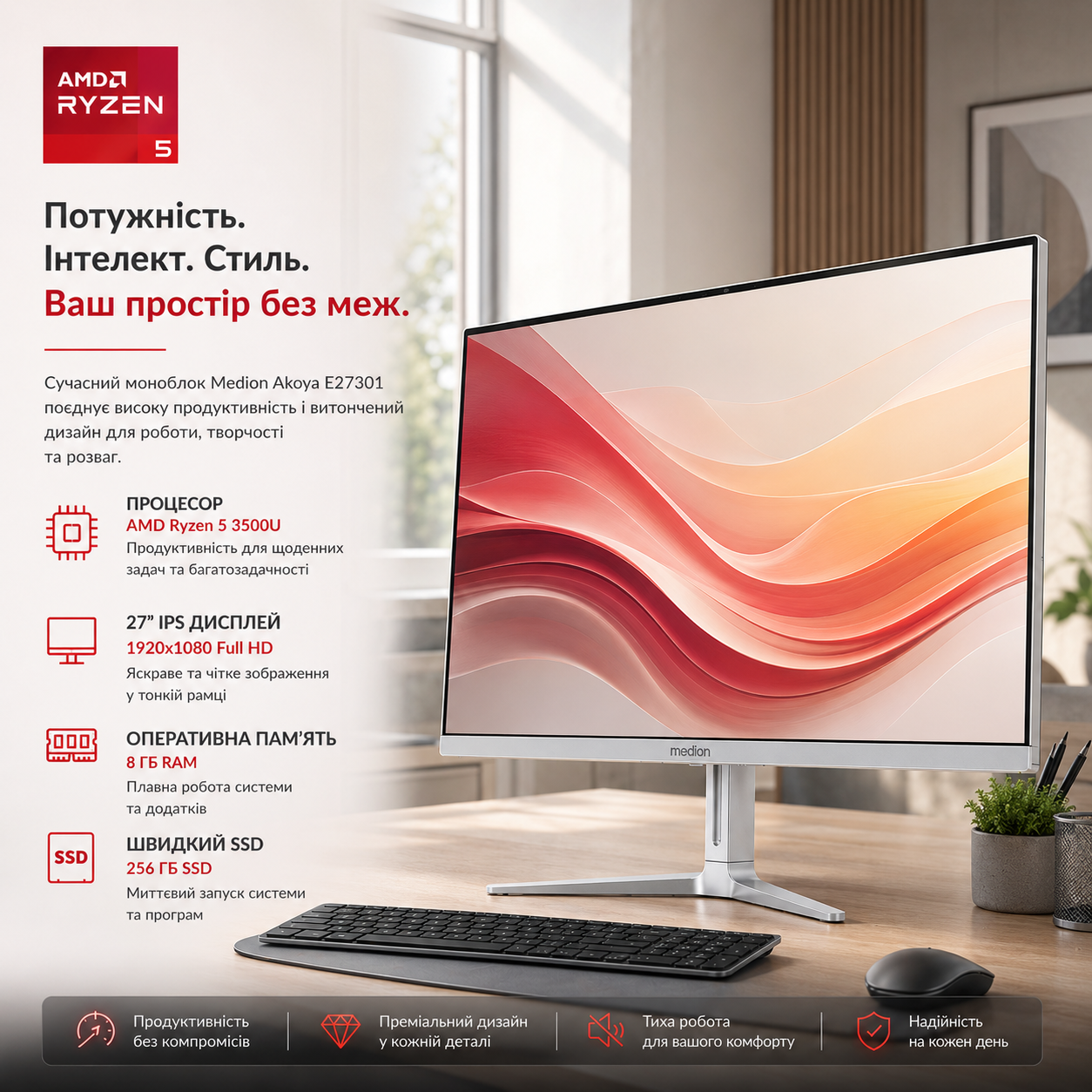 Моноблок 27" Medion (Lenovo Group) Akoya E27301 | AMD Ryzen 5 3500U | IPS (1920x1080) FullHD | RAM 8 ГБ | SSD 256 ГБ | AMD Radeon Vega 8 Graphics | Wi-Fi 5 | Bluetooth 5.0 | Тонкий корпус | Win11 (5222), фото №1 Моноблок 27" Medion (Lenovo Group) Akoya E27301 | AMD Ryzen 5 3500U | IPS (1920x1080) FullHD | RAM 8 ГБ | SSD 256 ГБ | AMD Radeon Vega 8 Graphics | Wi-Fi 5 | Bluetooth 5.0 | Тонкий корпус | Win11 (5222), фото №1