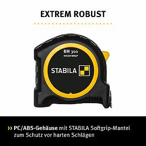 Рулетка STABILA BM 300, 5 м (16 дюймів), з двосторонньою шкалою см/дюйм, ударостійкий корпус PC/ABS, гачок SPIKES, сталева стрічка з покриттям NYLON WRAP, затискач для ременя, MID точність synthetic.ua - Фото 1