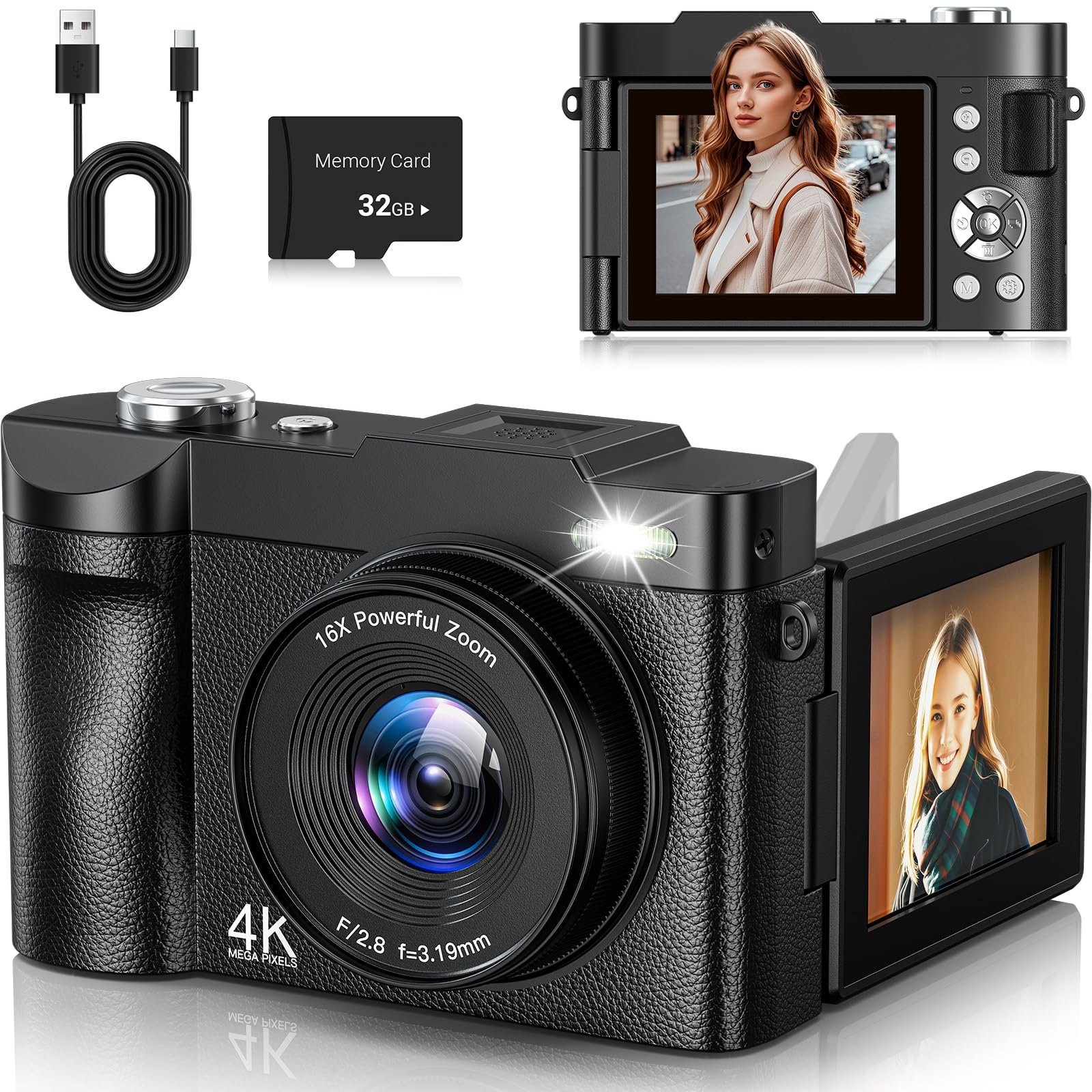 Цифровая камера 4K 50MP, автофокус, 16-кратный цифровой зум, 2,8-дюймовый экран, вращающийся на 180
		
		градусов, компактная камера для селфи с картой 32GB, фото №1