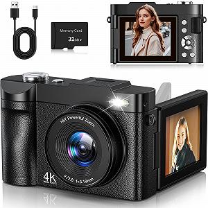Цифровая камера 4K 50MP, автофокус, 16-кратный цифровой зум, 2,8-дюймовый экран, вращающийся на 180
		
		градусов, компактная камера для селфи с картой 32GB - Фото 1