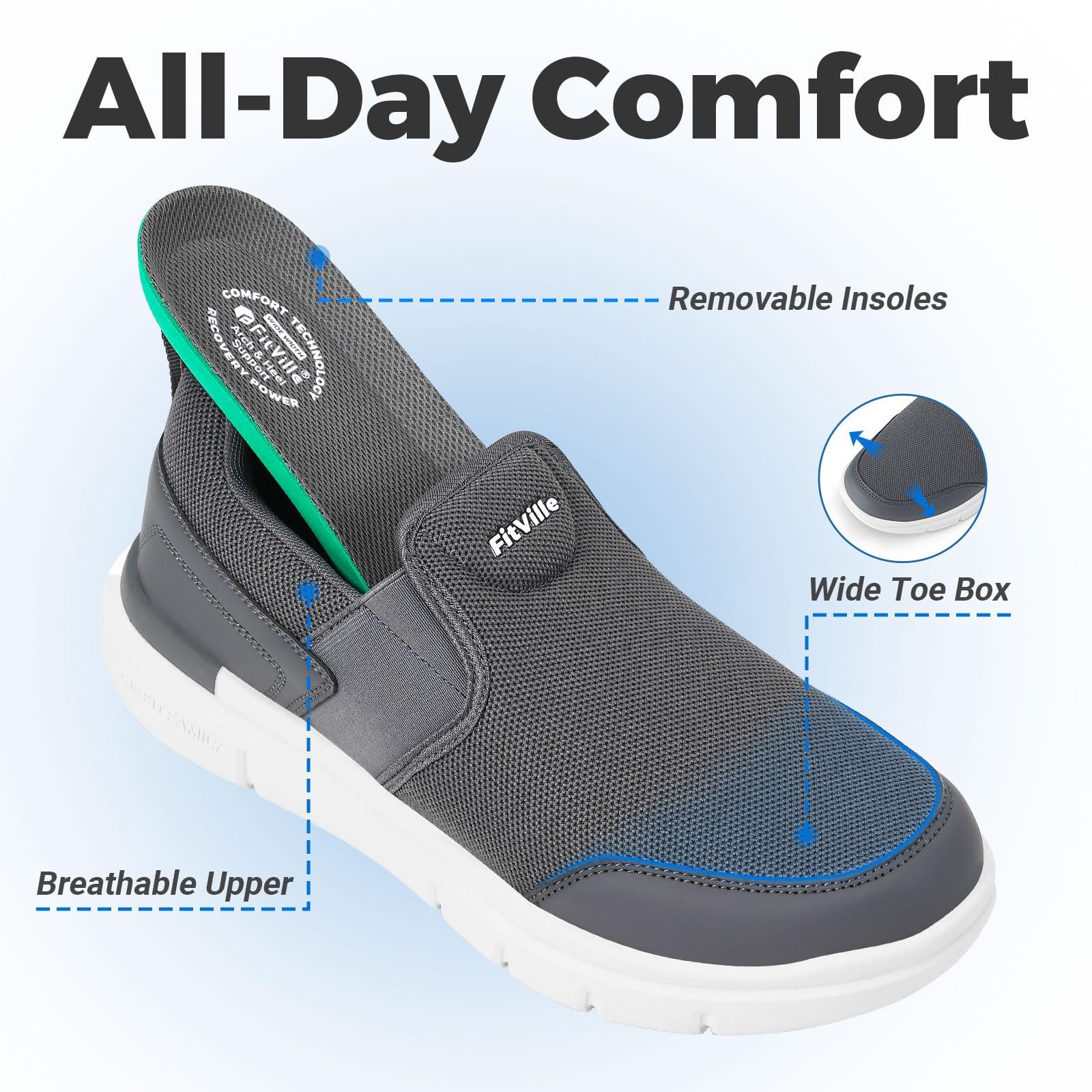 Кросівки FitVille Без шнурків Чоловічі Дуже широкі кросівки Нековзне взуття, фото №5
