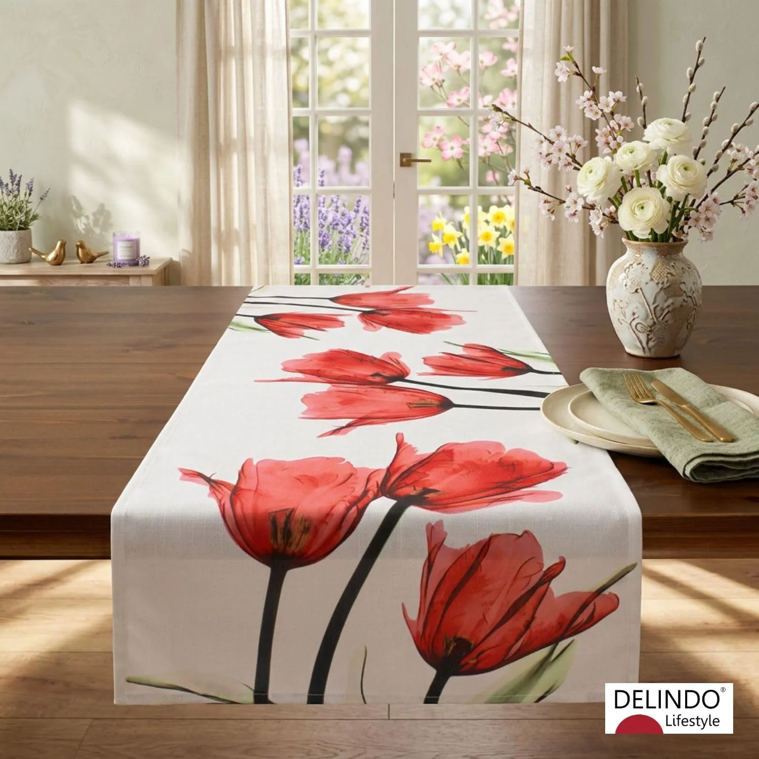 Ранер для столу Tulips Modern Printed Motif червоний бежево-кремовий 40 x 140 см, фото №2