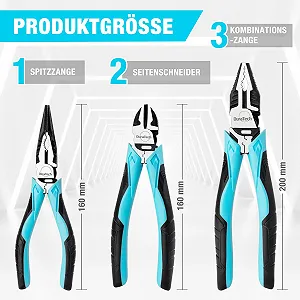 Набор плоскогубцев DURATECH, 3 шт., плоскогубцы с высоким рычагом, комбинированные плоскогубцы 200 мм, длинногубцы 160 мм, бокорезы 160 мм synthetic.ua - Фото 1