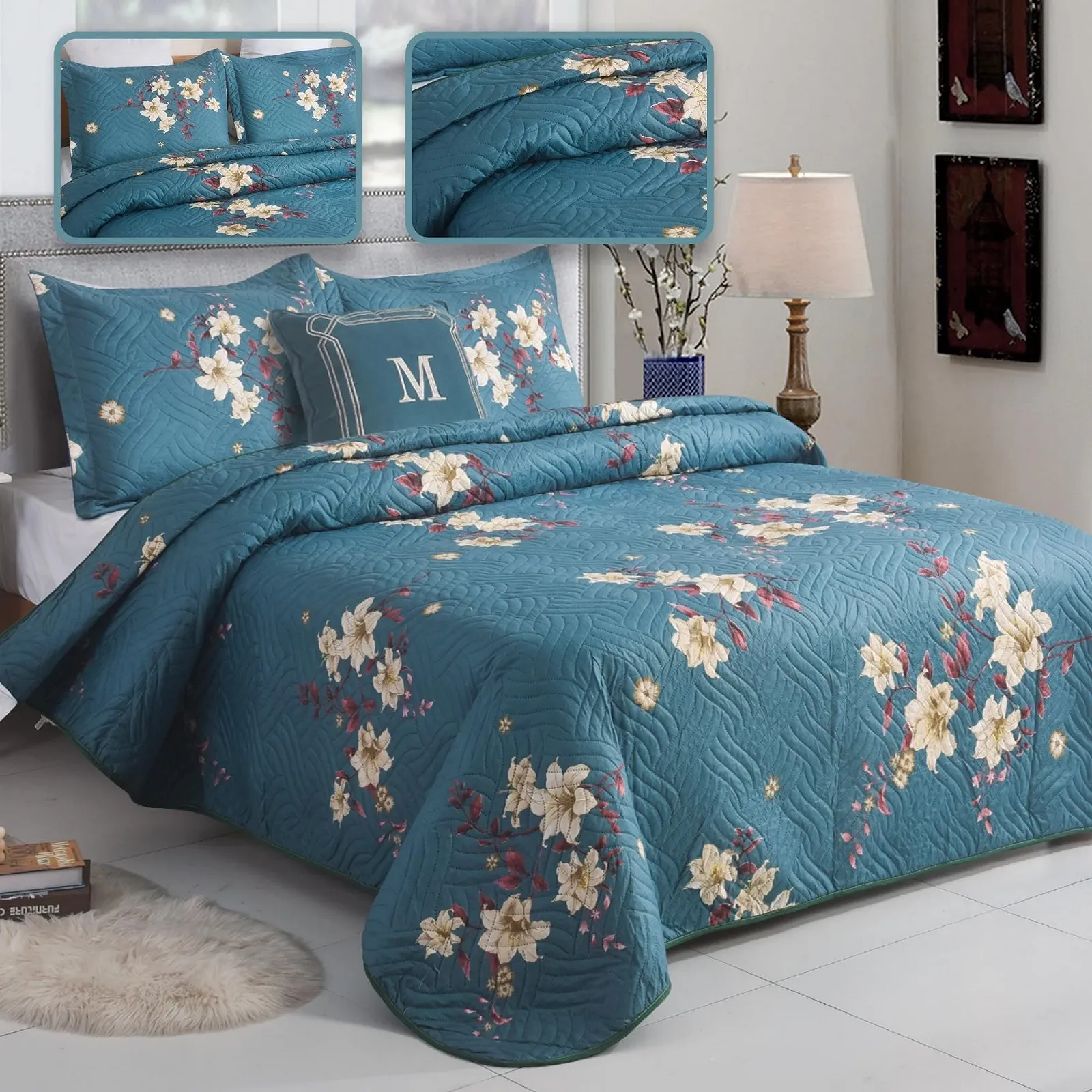 Покрывало стеганое Hadi London с лоскутным узором, с 2 наволочками, двухсторонним цветочным принтом, легкое, удобное, подходит для двуспального и королевского размера 220 x 240 см, 30 уникальных дизайнов, фото №4