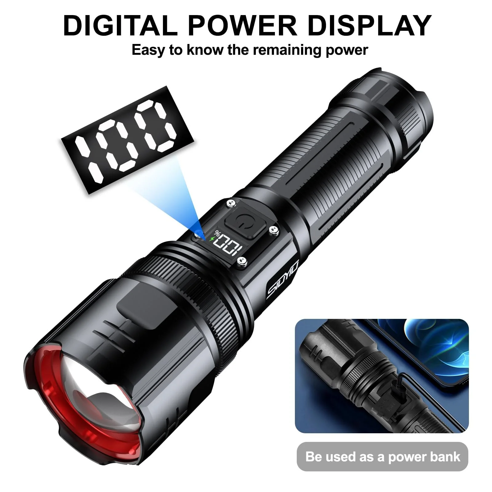 Ліхтарик Siuyiu 3000 люмен, світлодіодний, акумуляторний з цифровим дисплеєм живлення, з можливістю масштабування, 4 режими для кемпінгу, надзвичайних ситуацій та використання на відкритому повітрі, фото №7