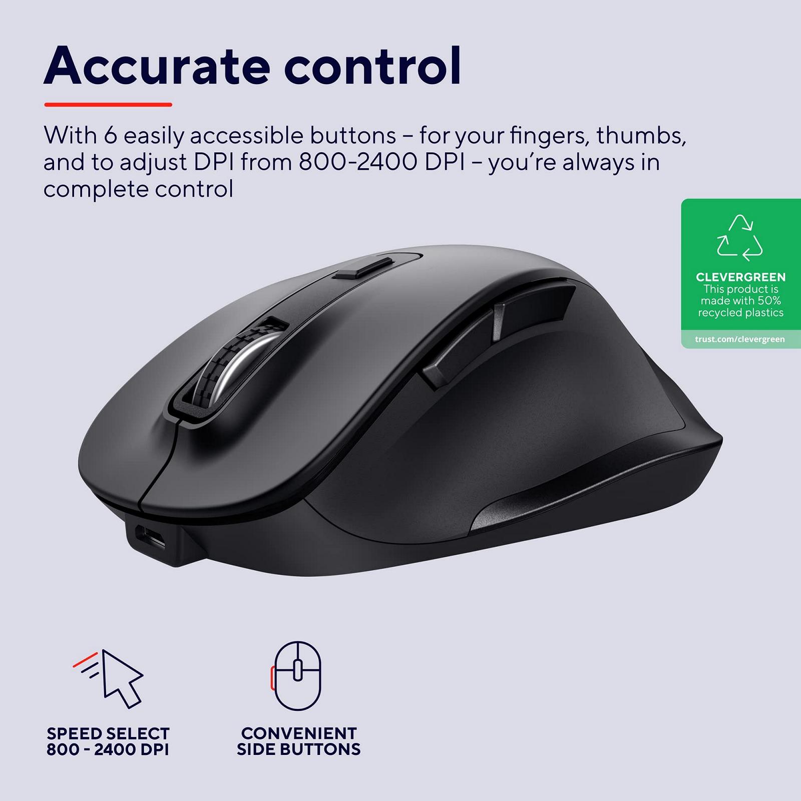 Мышь Trust Fyda беспроводная аккумуляторная, 800-2400 DPI, 6 кнопок, с упором для большого пальца и пальцев, 2,4 ГГц с USB-приемником, эргономичная, фото №2