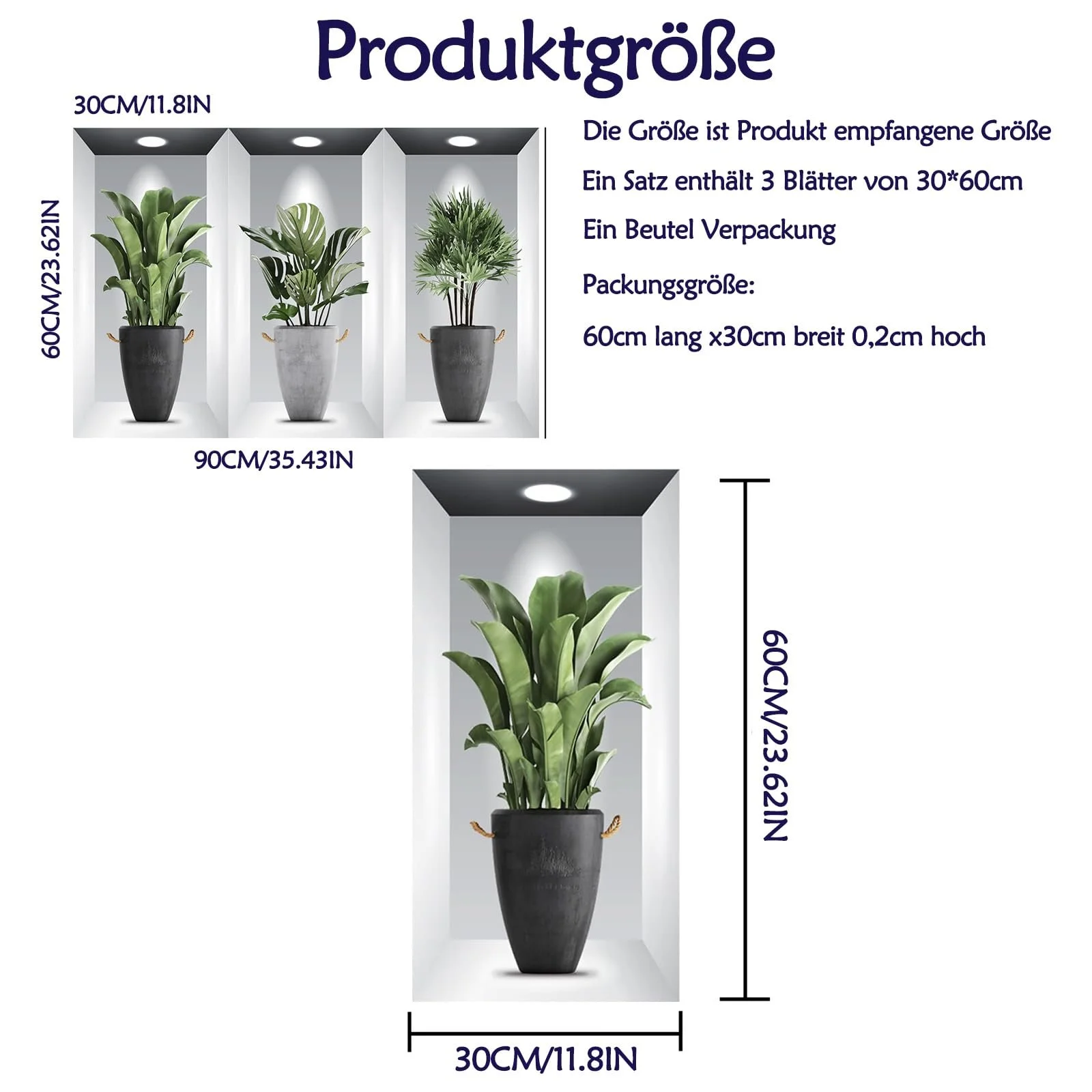 Наклейка на стіну 3D Green Plants Vase Зелена 30 x 60 см 3 шт., фото №3