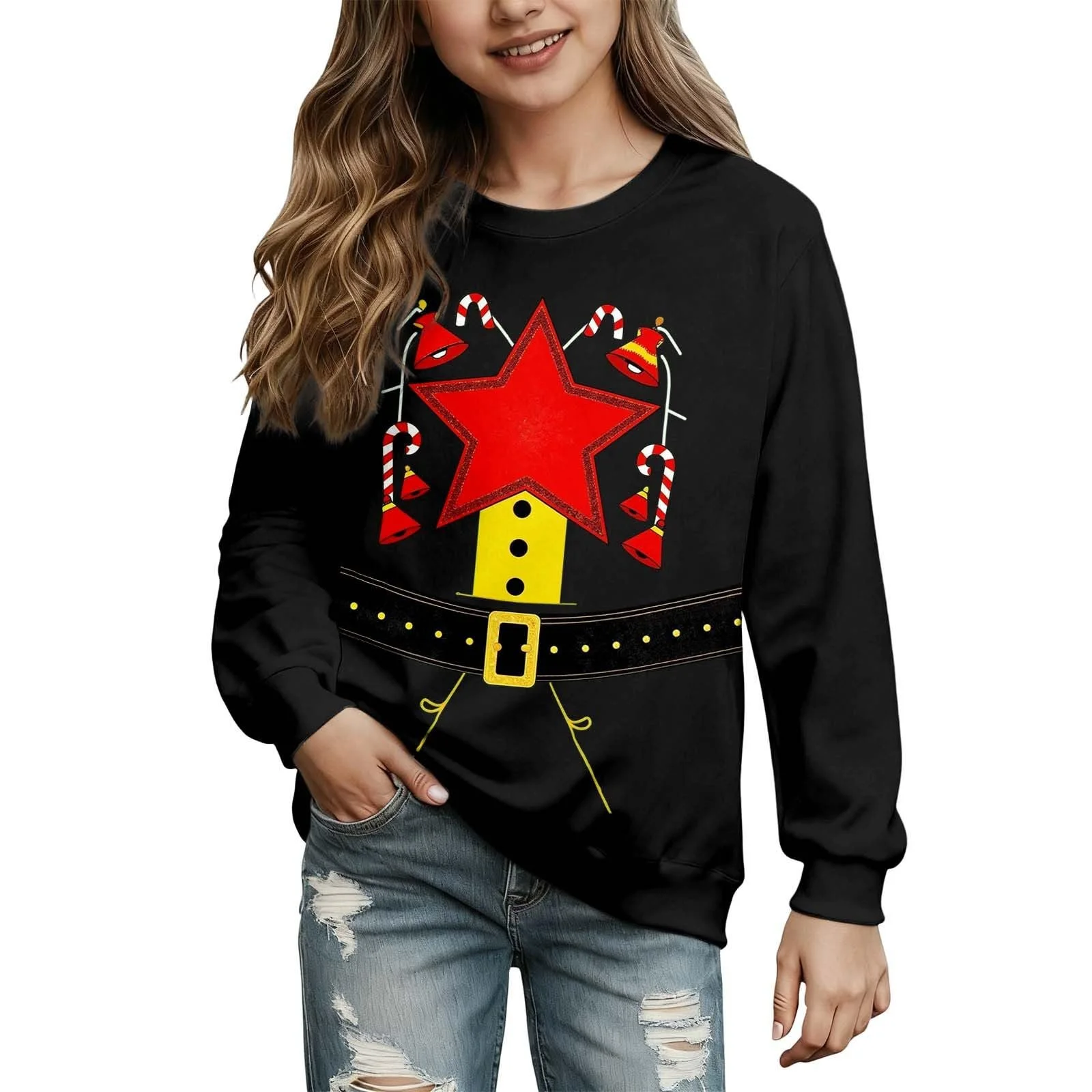 Рождественский джемпер Детский для девочек Забавный рождественский свитшот с праздничными мотивами Рождественский наряд без капюшона Рождественский джемпер Рождественская одежда, фото №1