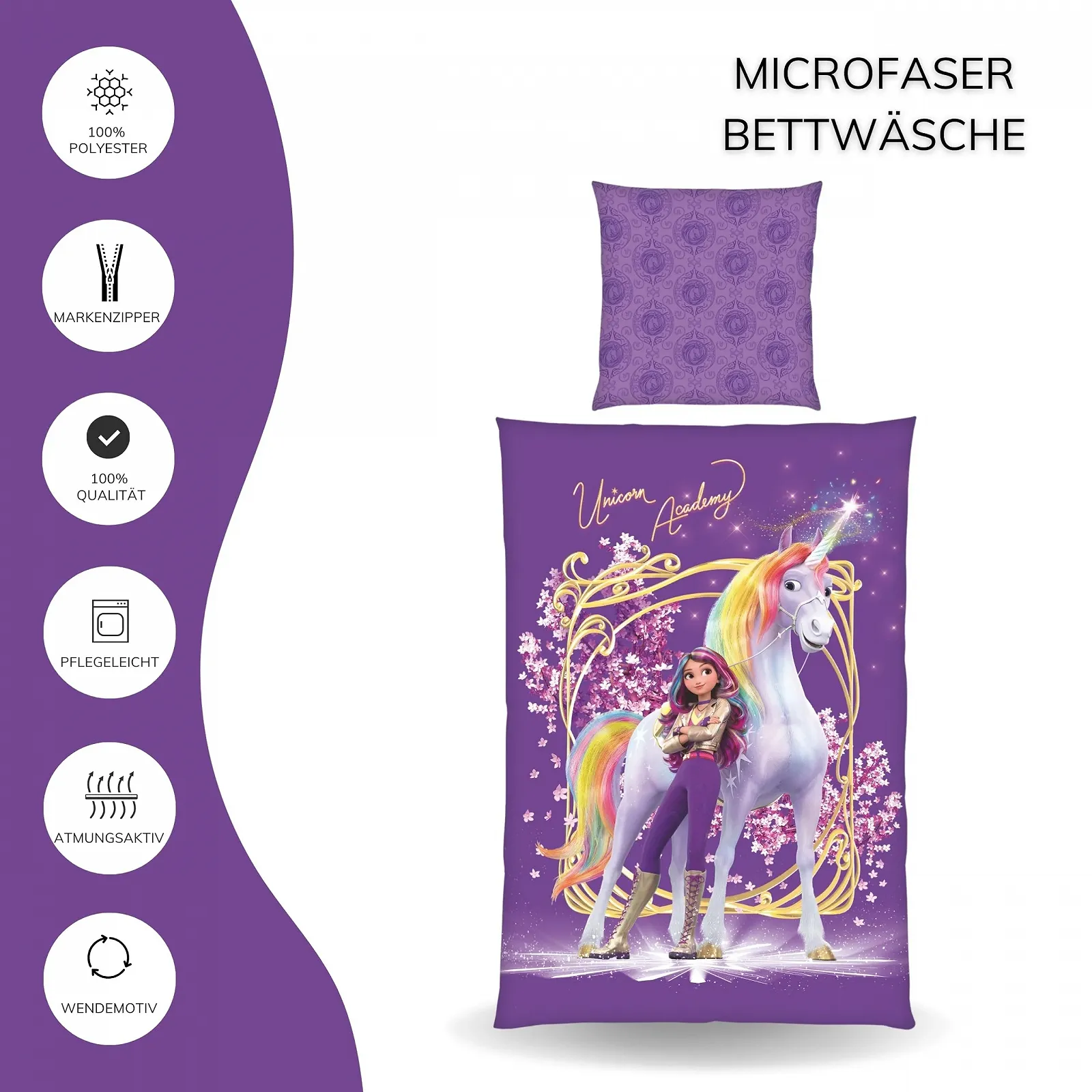 Детское постельное белье MTOnlinehandel Unicorn Academy 135 x 200 см. 1 наволочка 80 x 80 см + пододеяльник 135 x 200 см на молнии, фото №3